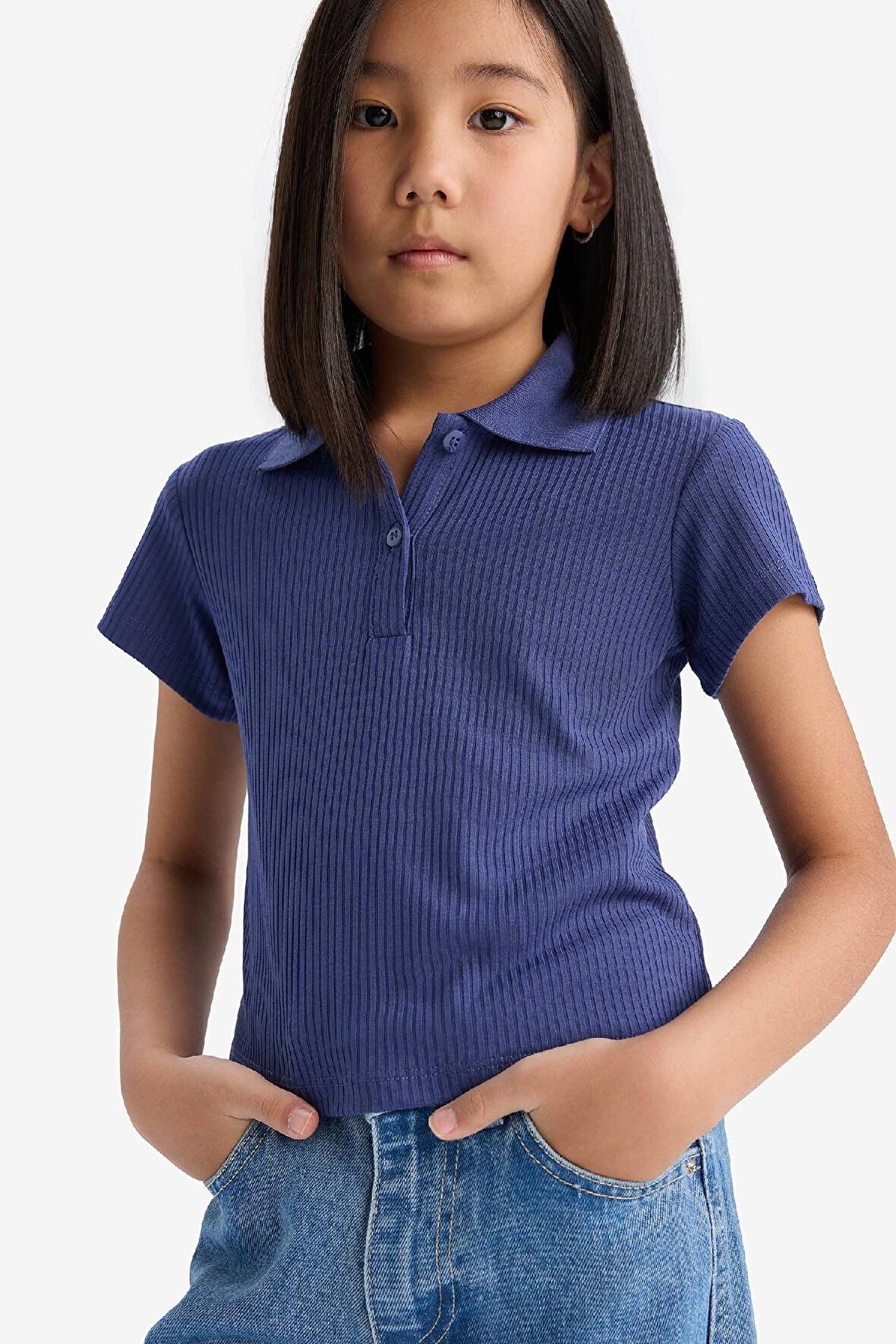 DeFacto Kız Çocuk Slim Fit Dar Kesim Basic Düz Fitilli Kaşkorse Kısa Kollu Polo Tişört Z7794A625SMPR498