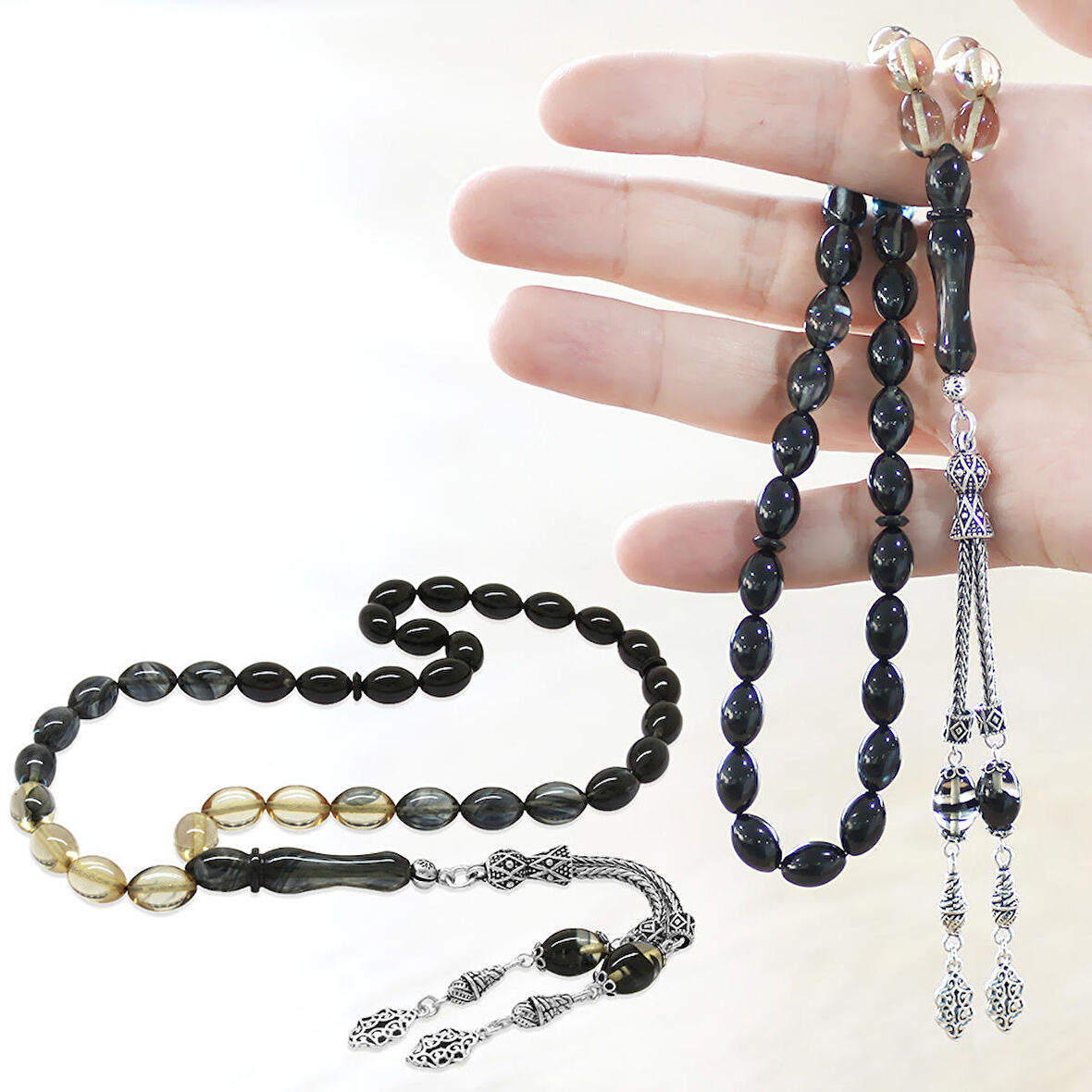 925 Ayar Gümüş Çift Püsküllü Arpa Kesim Süzme Siyah-Beyaz Ateş Kehribar Tesbih