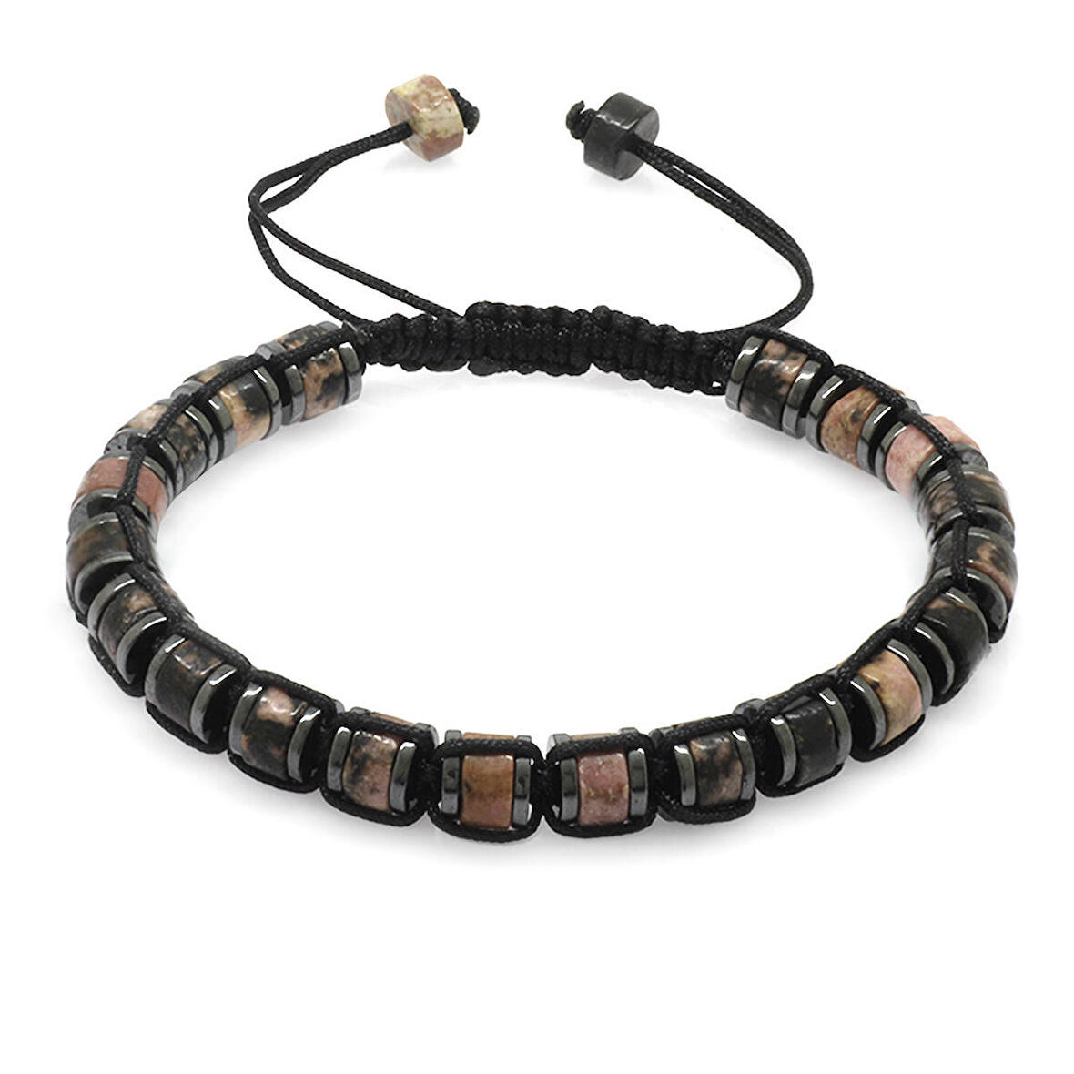 Silindir Kesim Makrome Örgülü Kuvars-Hematit Kombinli Doğaltaş Kadın Bileklik