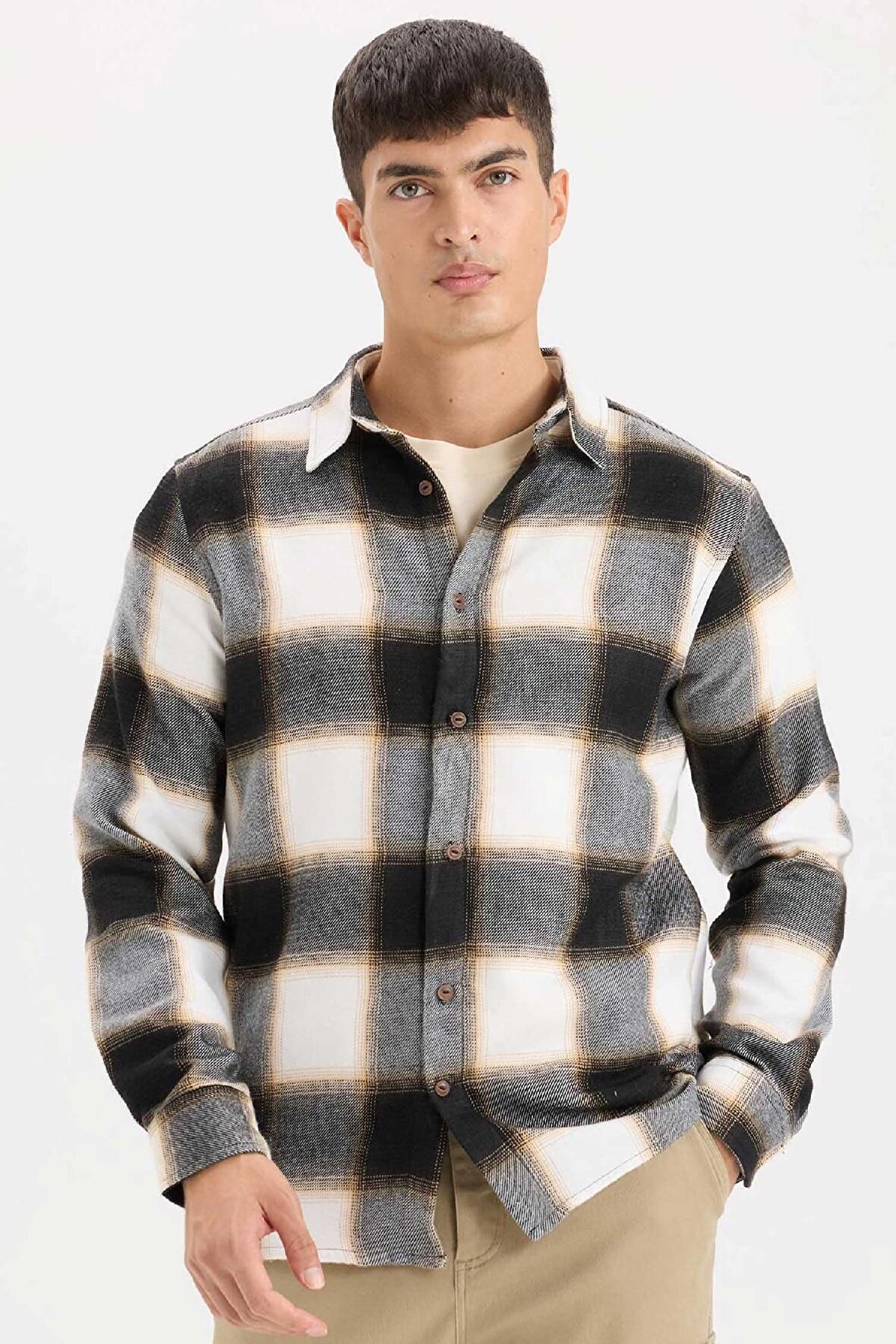 DeFacto Regular Fit Polo Yaka Kareli Flanel Uzun Kollu Gömlek D5835AX24AUBN279
