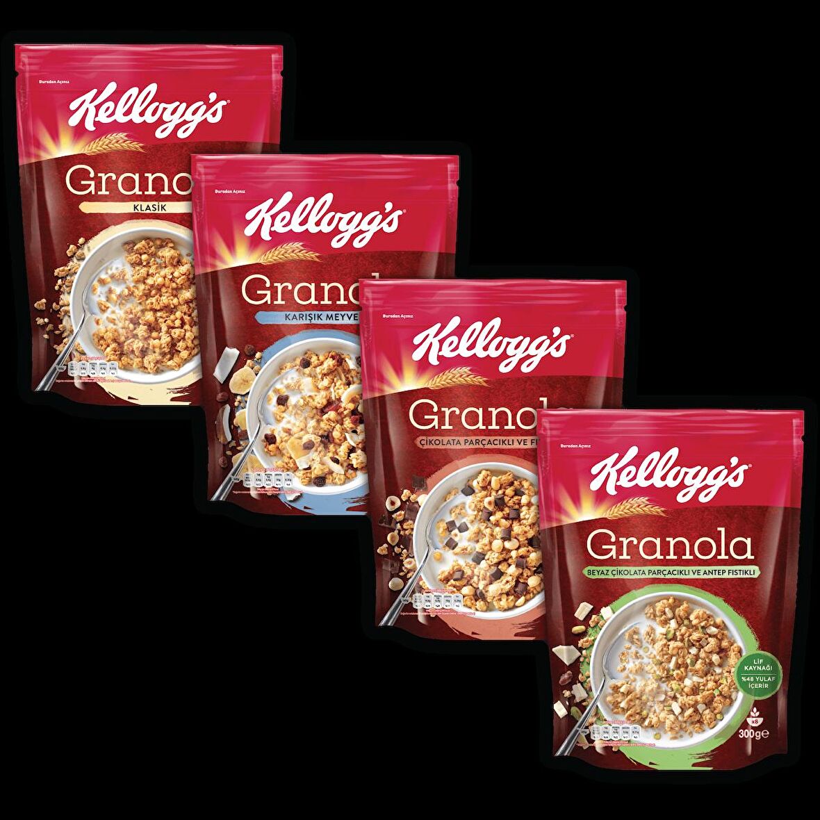 Kellogg's 4lü Granola Paketi,Çikolata Parçacıklı&Fındık,Klasik,Meyveli,Antep Fıstıklı&Beyaz Çikolata