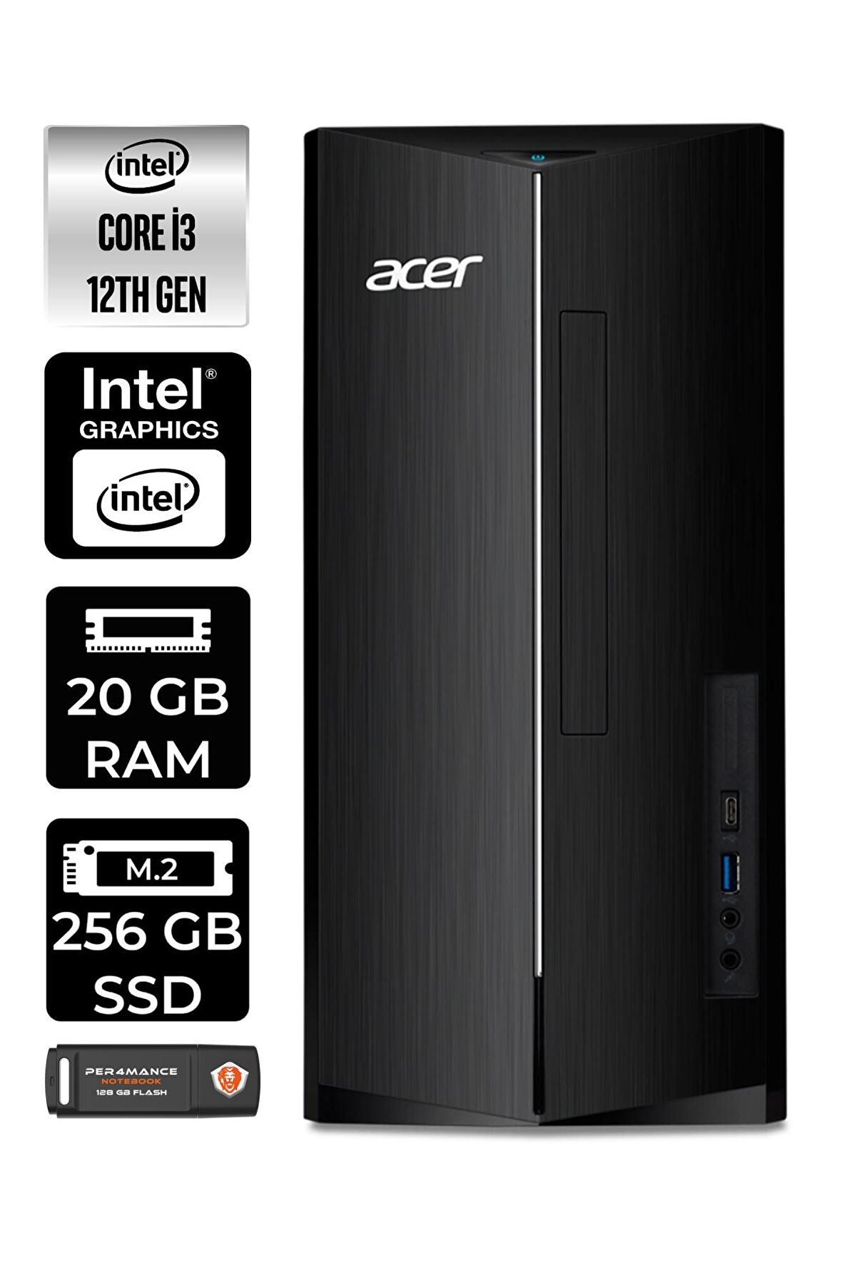 ACER ASPİRE TC1760 i3 12100 20GB RAM 256GB SSD FDOS DT.BHUEM.004 MASAÜSTÜ PC & PER4 BELLEK