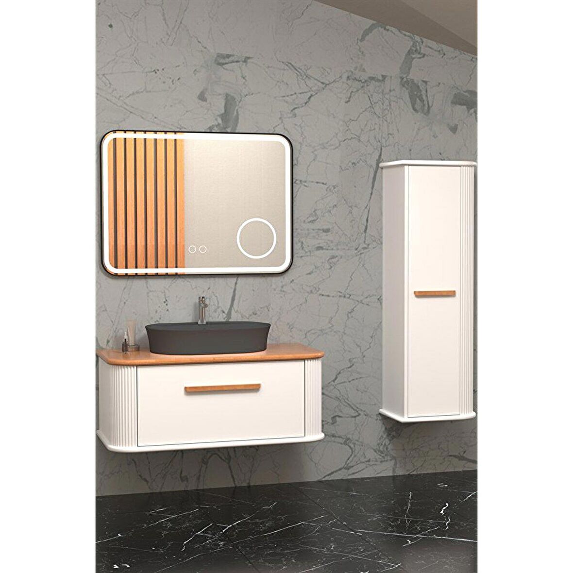 CASSE 100 CM ANTRASİT LAVABOLU BANYO DOLABI BEYAZ / KAYIN - BOY DOLAP DAHİL