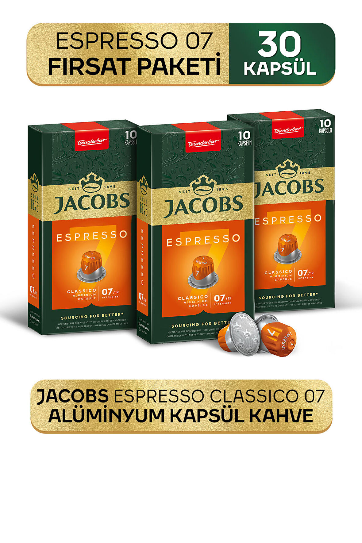 Jacobs Espresso 7 Classico Nespresso Uyumlu Alüminyum Kapsül Kahve 10 Adet X 3 Paket