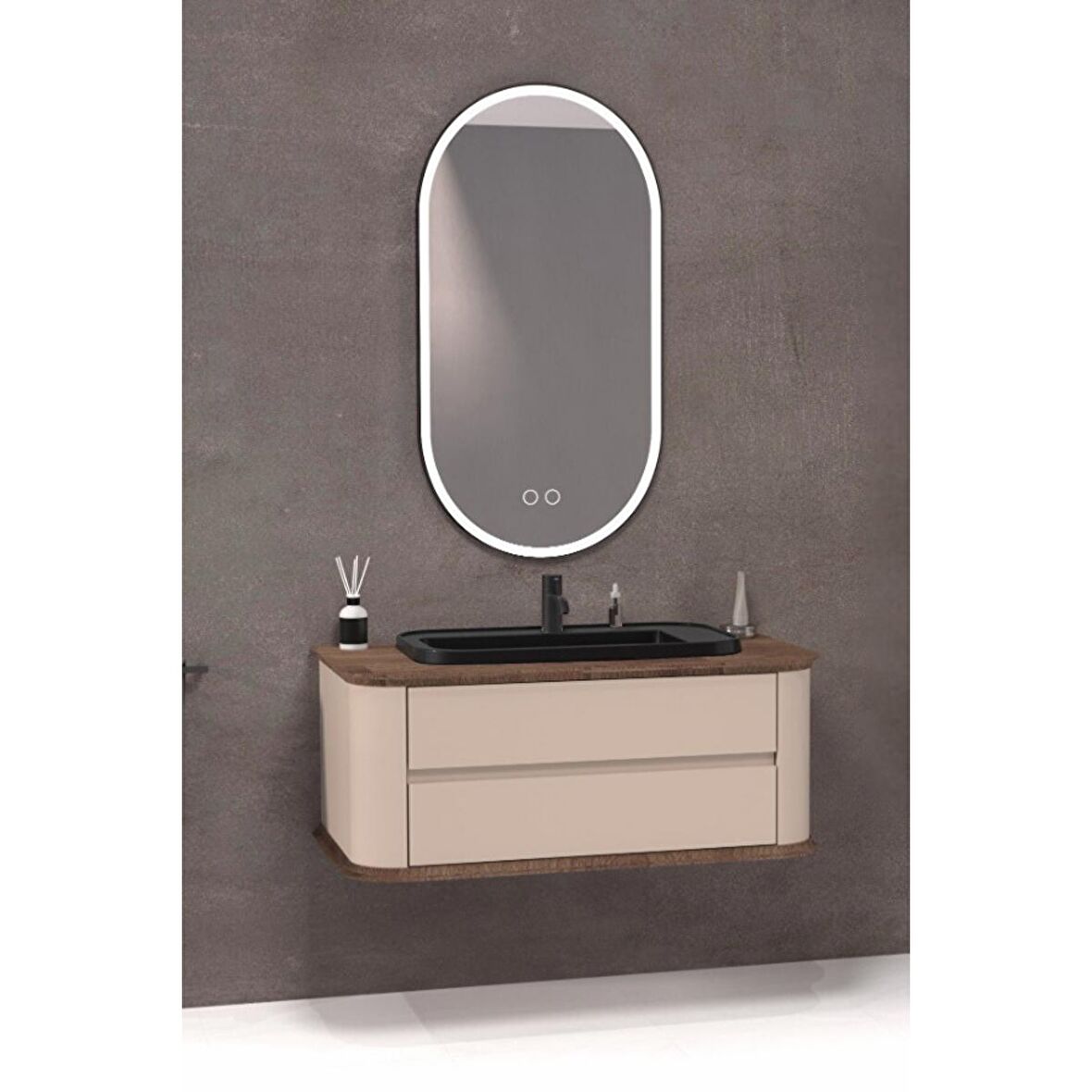PIER 100 CM SİYAH LAVABOLU BANYO DOLABI  VİZON / KAYIN 