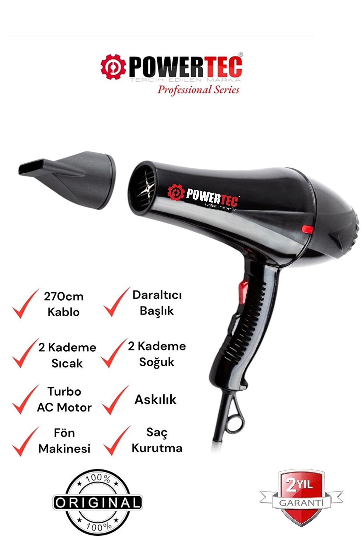 Powertec TR-901 2500 W AC Motor Profesyonel Sıcak ve Soğuk Saç Kurutma ve Fön Makinesi