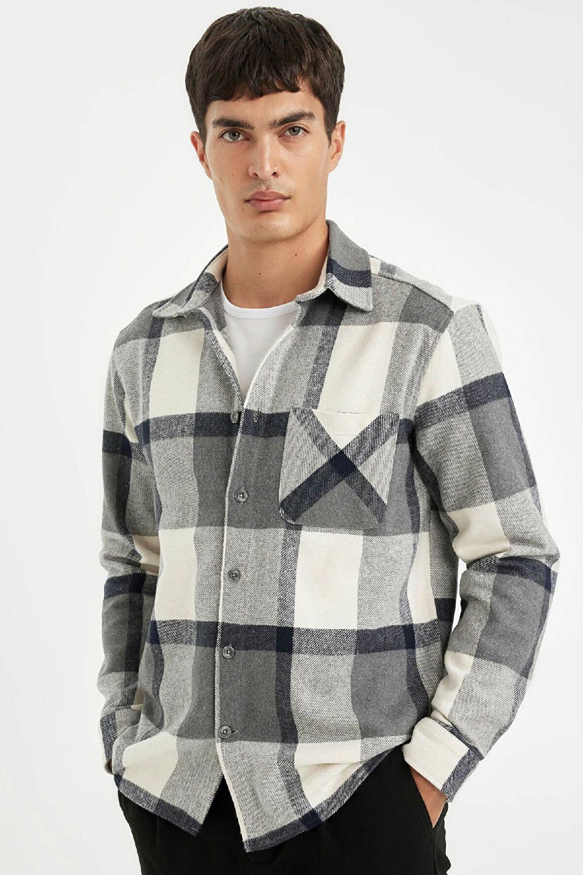 DeFacto Regular Fit Polo Yaka Kareli Oduncu Flanel Uzun Kollu Gömlek A5553AX24AUGR210