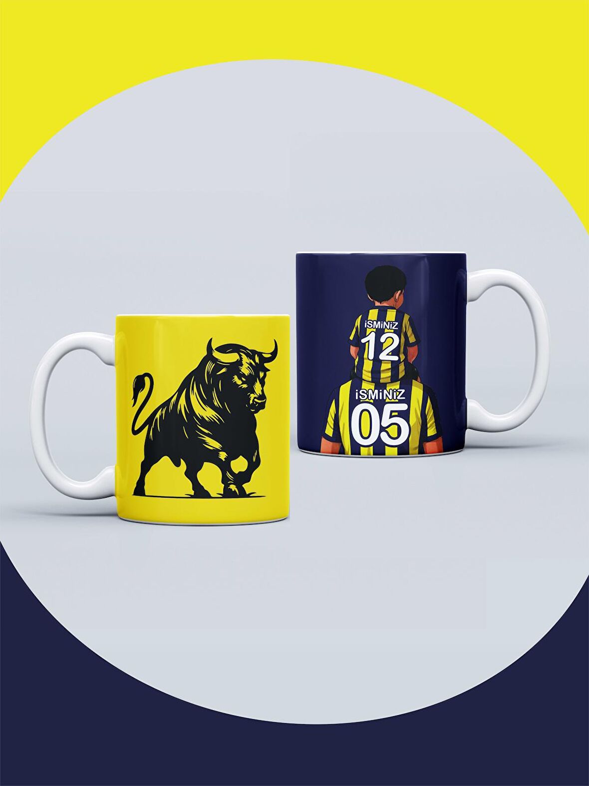 Sarı Lacivert Seramik Kupa Kişiye Özel İsimli ve Numaralı Taraftar Baskılı Hediye Kupa Bardak