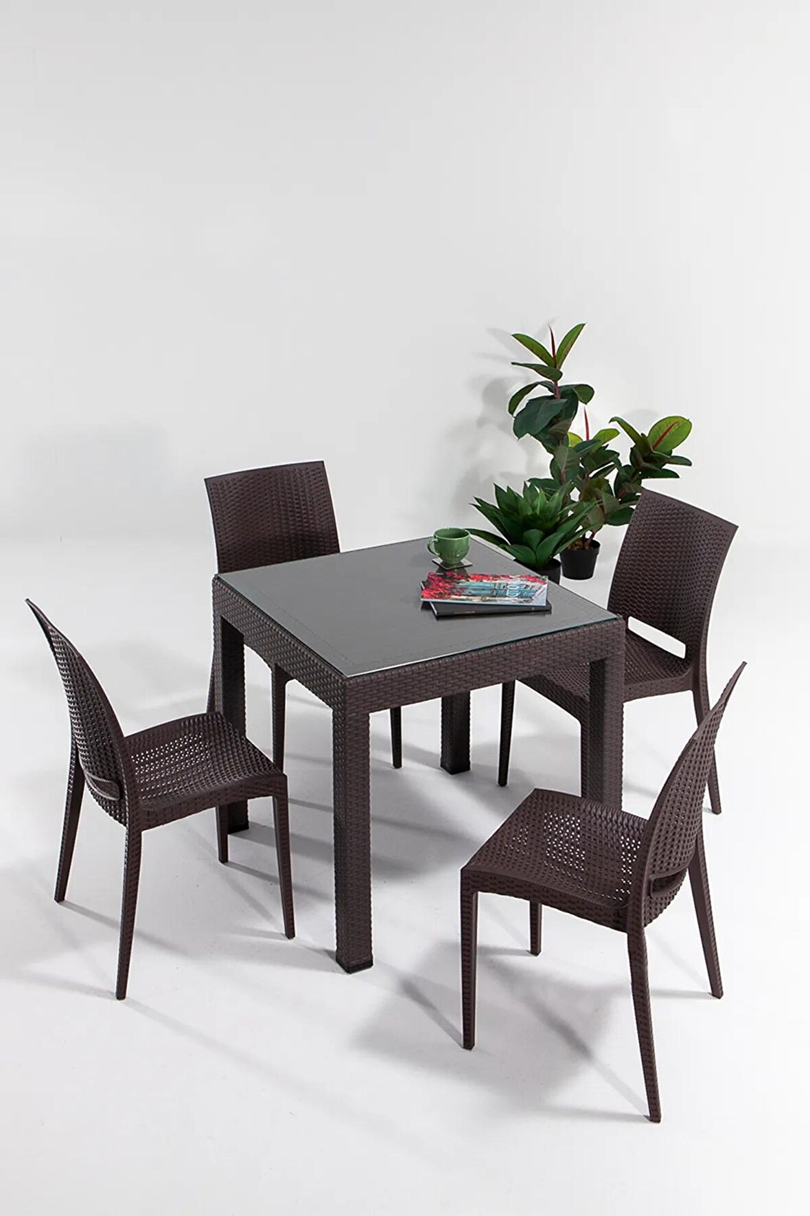 Rattan Small Lüx Camlı Kahve Masa Takımı Bahçe&balkon 1 Camlı Masa + 4 Sandalye