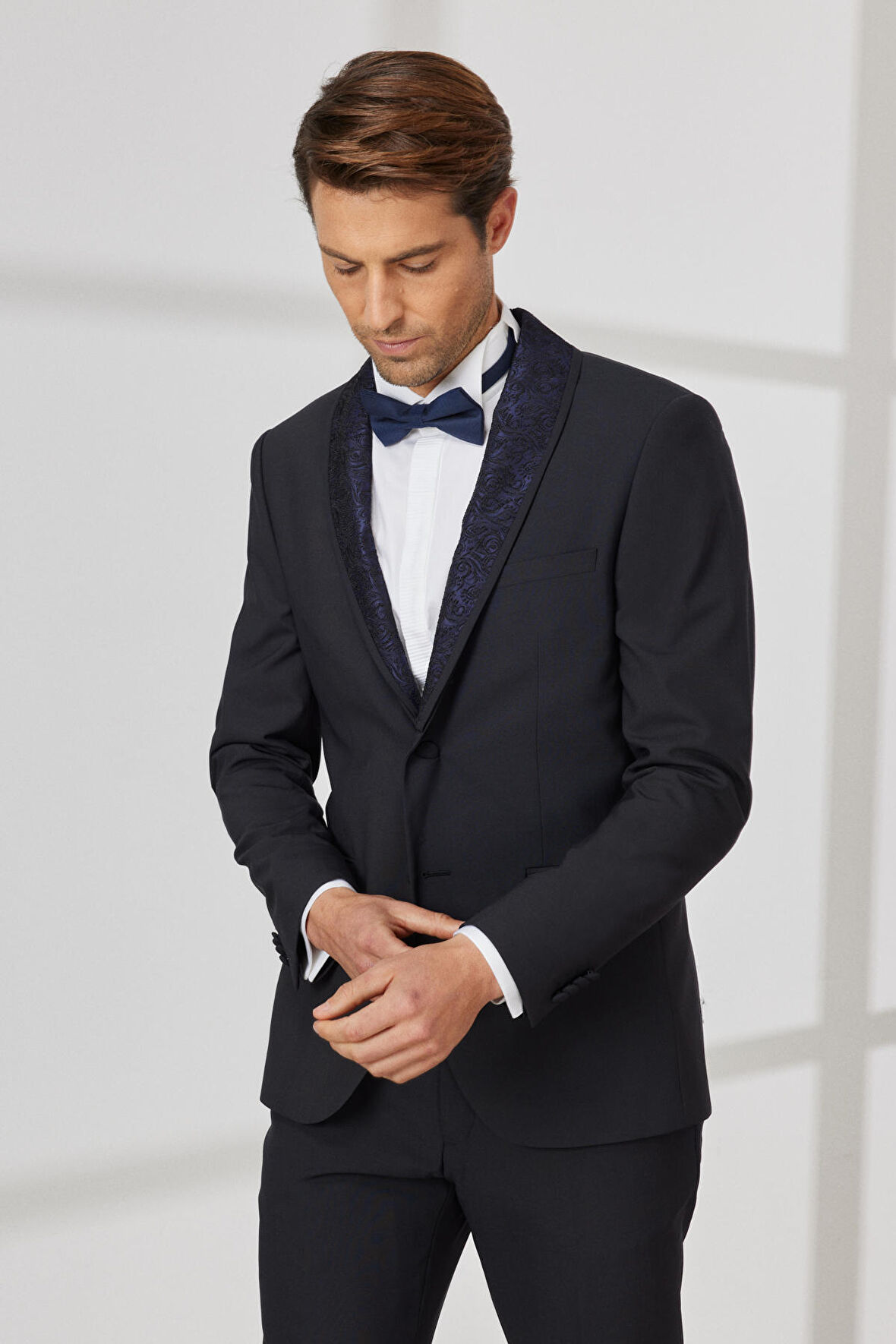 Erkek Lacivert Slim Fit Dar Kesim Çıkma Şal Yaka Yünlü Smokin Takım