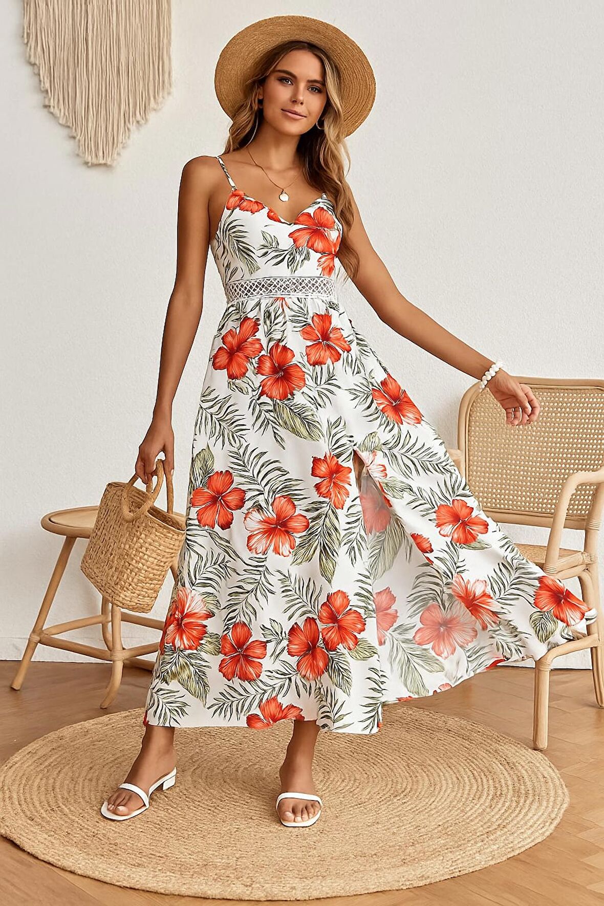 Kadın ip askılı bel dantel kırmızı çiçek desenli yırtmaçlı maksi elbise (Büyük Beden Mevcuttur)