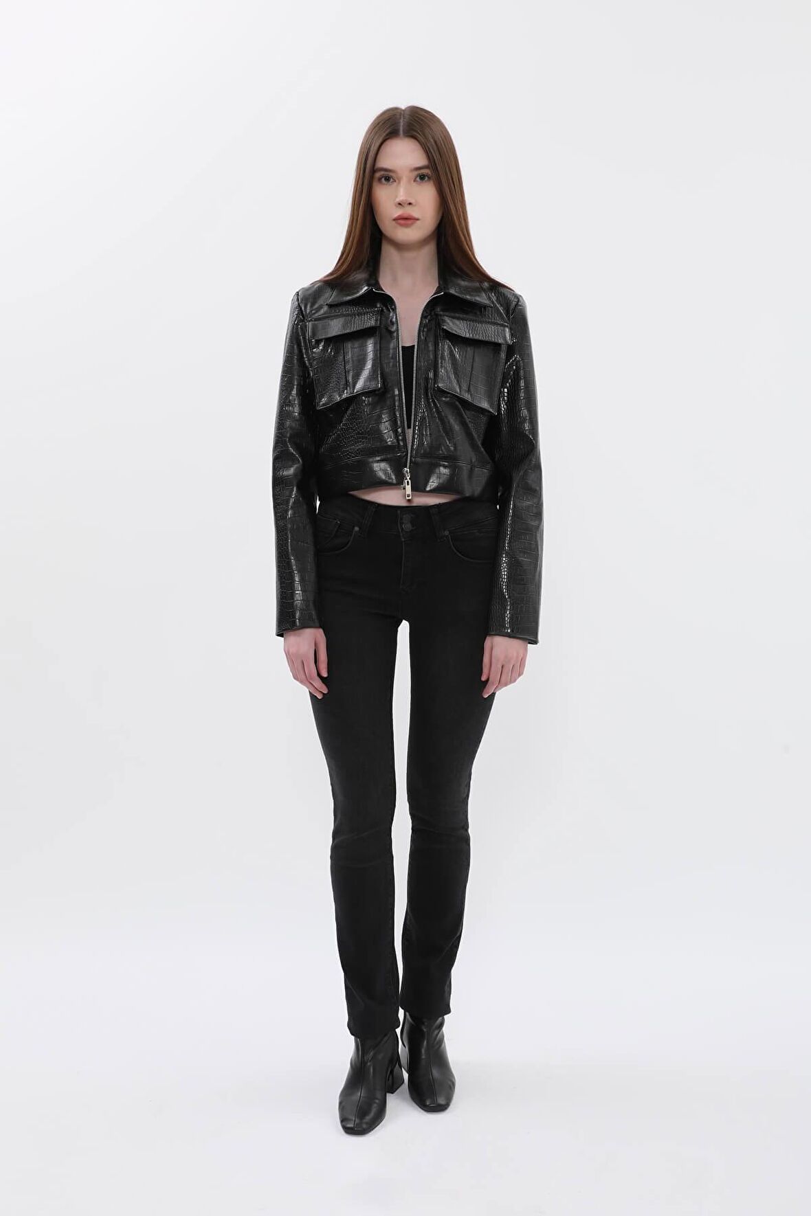 Kadın Çift Düğmeli Siyah Düz Jean Pantolon