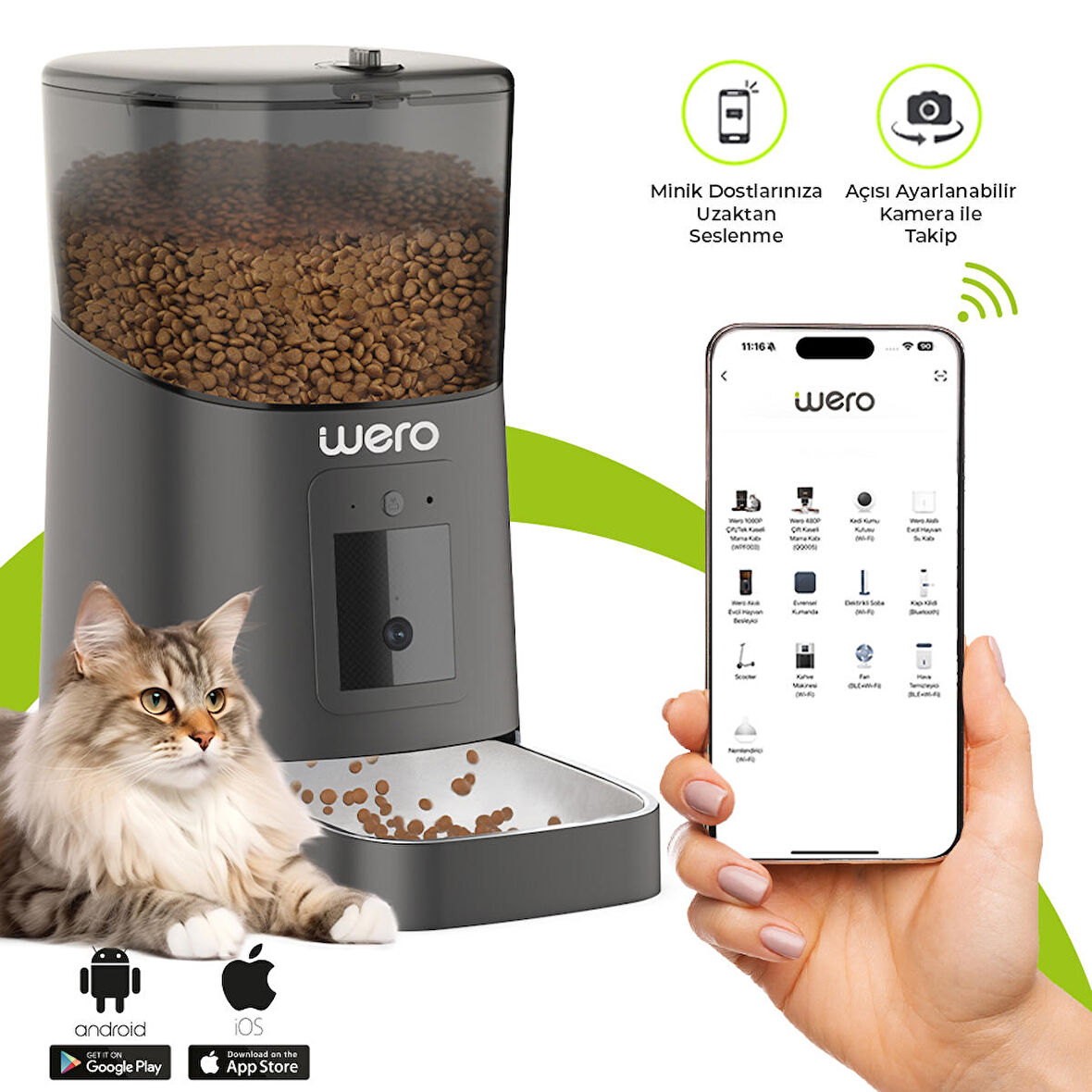 Wero 1080p Ayarlanabilir Kamera, 6 Lt, Wifi Kontrol Kedi / Köpek Besleyici, Pet Feeder, Metal Kase, Siyah