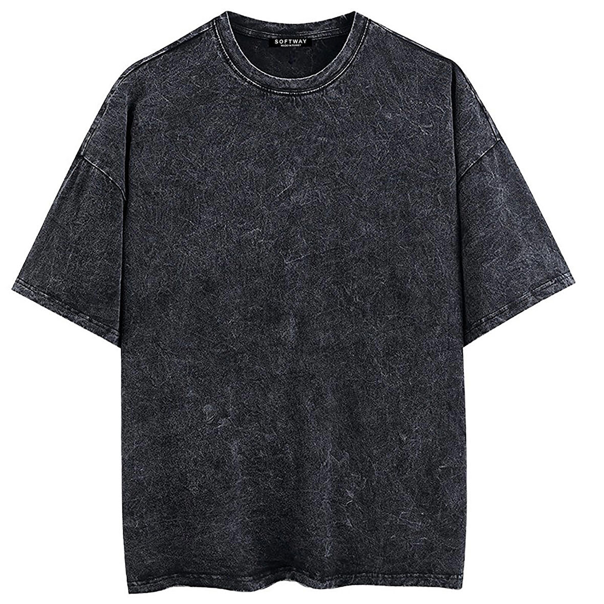 Unisex Yıkamalı Düz Bisiklet Yaka Oversize Tshirt - ANTRASİT