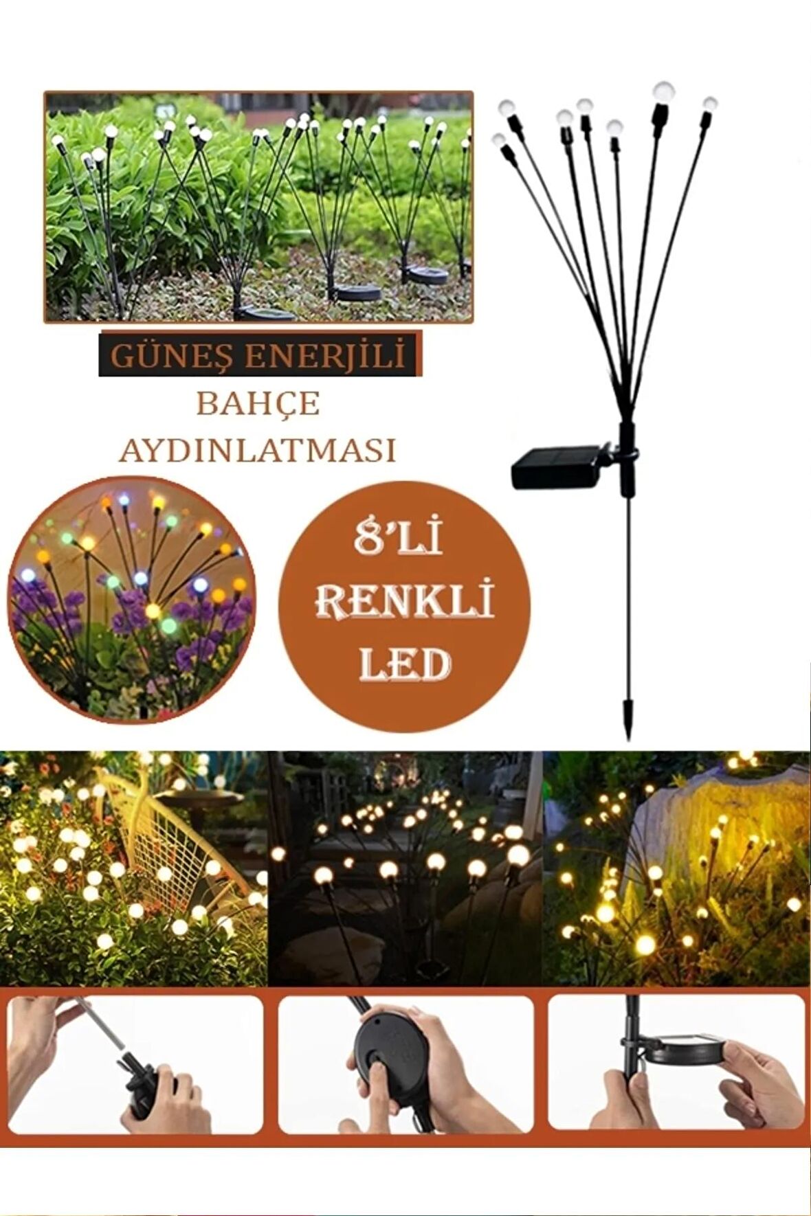 2 Adet & 8li Renkli Led Güneş Enerjili Solar Dekoratif