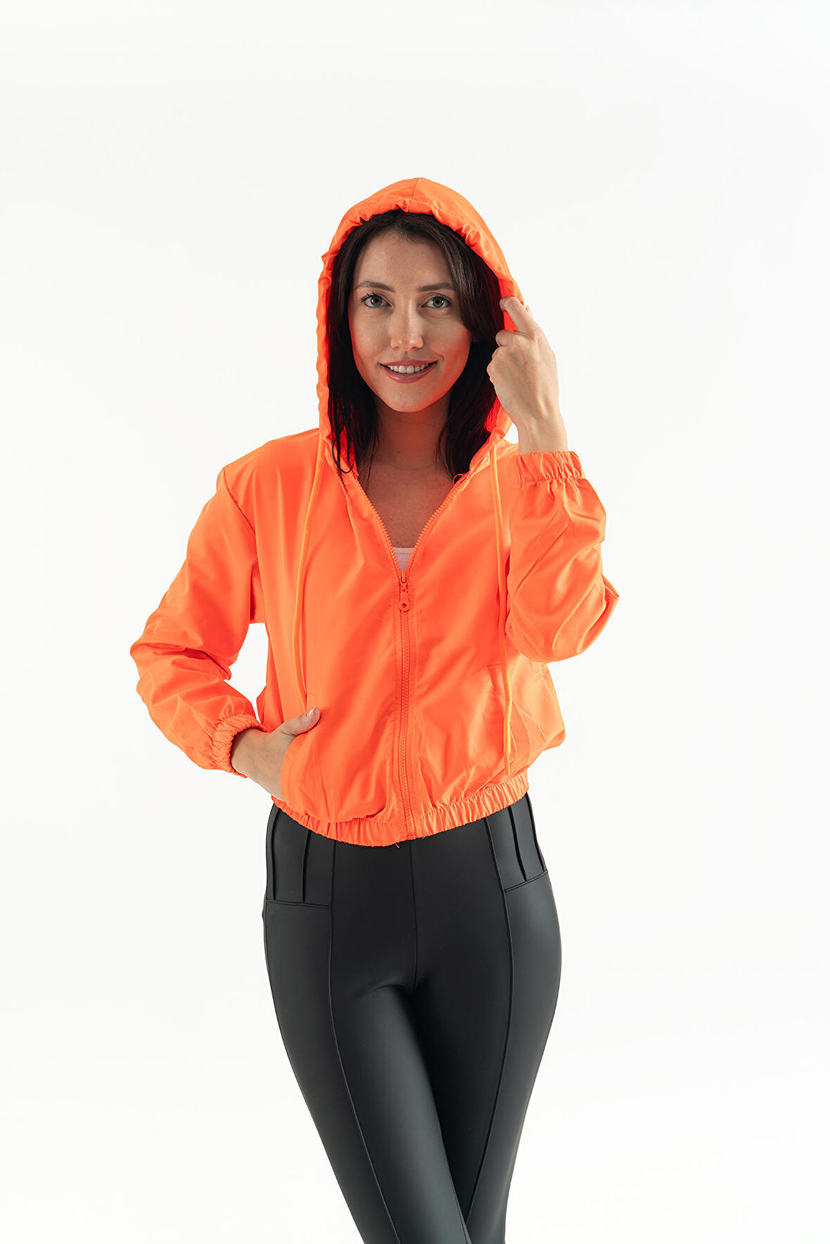 Kadın Crop Astarsız Kapüşonlu Yağmurluk she7001