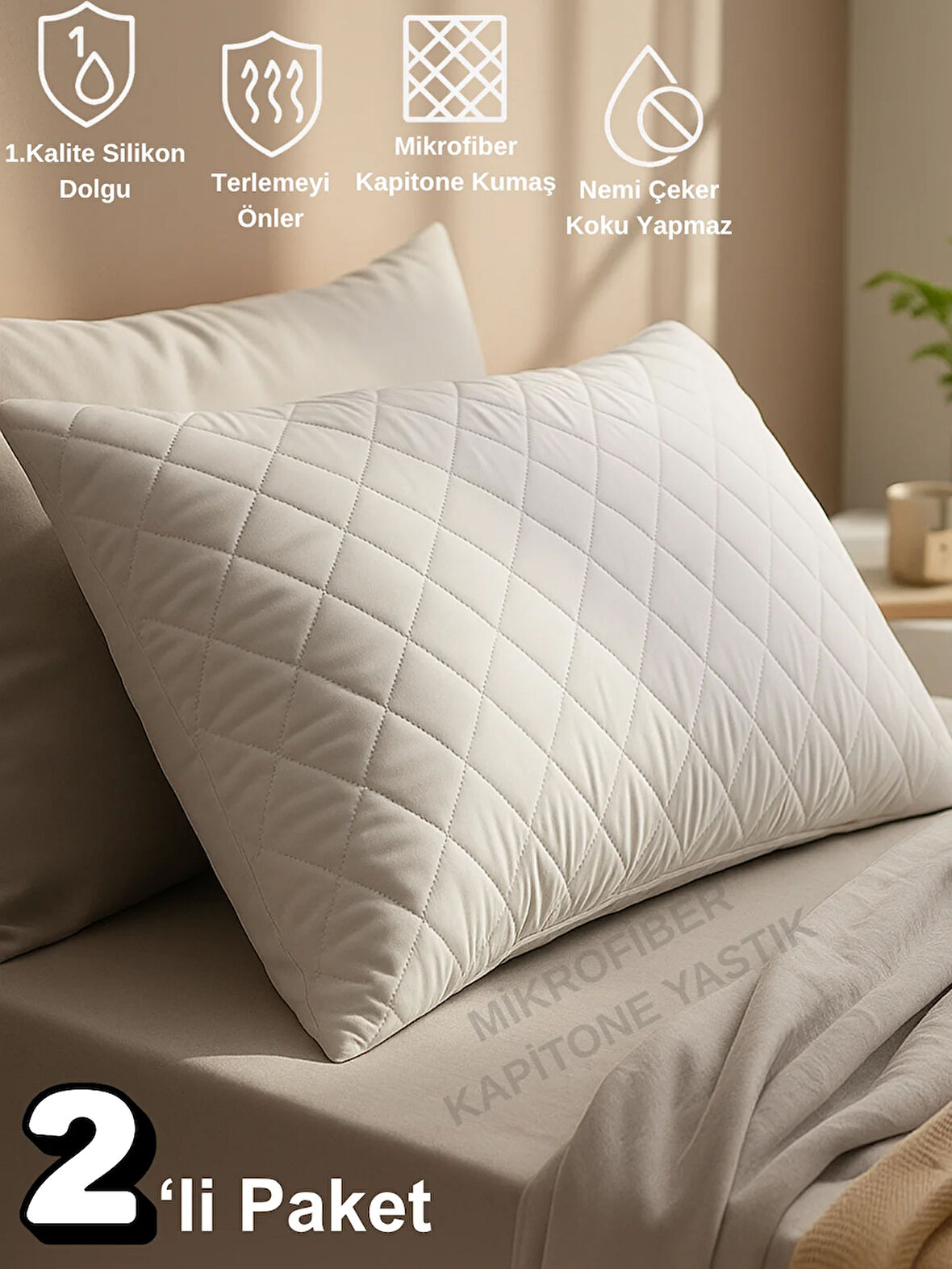 Beylini 2'Li 800 GR Mikrofiber Kapitone Yastık Yumuşak Rahat Antialerjik Makinede Yıkanabilir Pürüzsüz 50x70cm