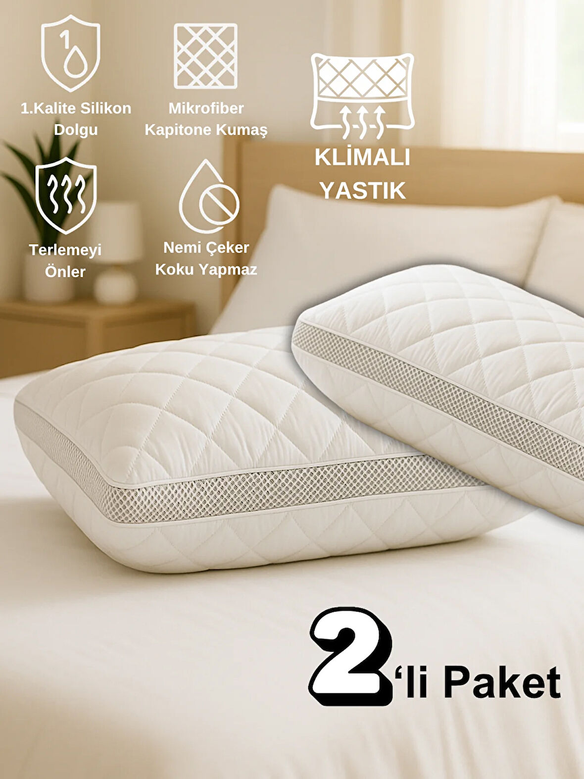 Beylini 2'Li 800 GR Klimalı Mikrofiber Kapitone Yastık Yumuşak Antialerjik Makinede Yıkanabilir Pürüzsüz 50x70cm