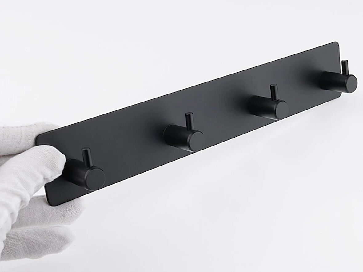 ASKILIK YAPIŞKANLI DİKDÖRTGEN ÇUBUKLU 4 KANCALI MAT SİYAH