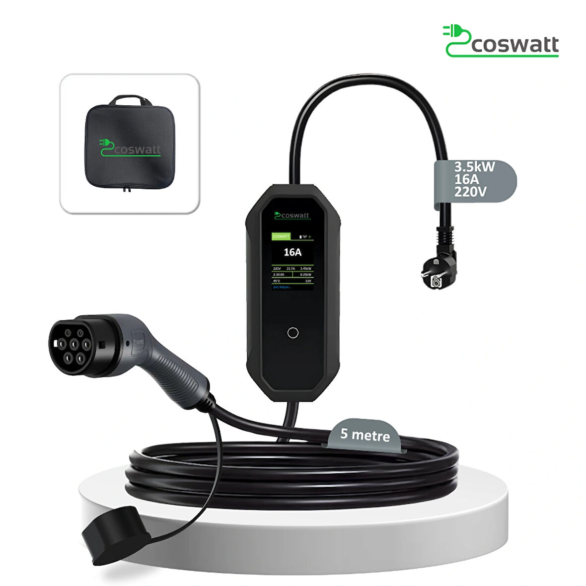 Coswatt Elektrikli Araç Taşınabilir Şarj Cihazı 3.5 kW / 16A / Türkçe Menü / 5M / Tip-2 Soket / 2x16A Ev Tipi Fiş / 220V AC / Taşıma Çantası