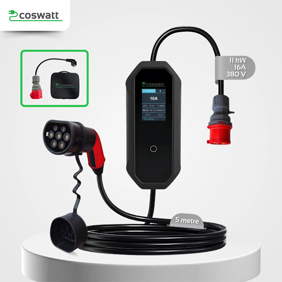 Coswatt Elektrikli Araba Taşınabilir Şarj Cihazı 11 kW / 16A / Tip-2 / 5x16A Fiş / Monofaze / 5m / Çantalı / Ev Tipi Dönüştürücü Kablolu