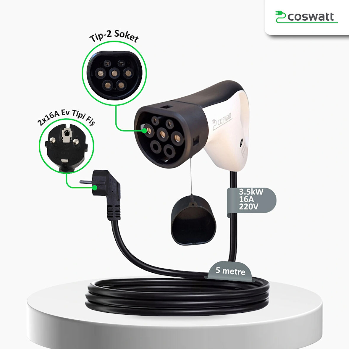 Coswatt EV03 Taşınabilir Şarj Cihazı 3.5 kW / 16A / 5M / Tip-2 Soket / Ev Tipi 2x16A Fiş / 220V AC / Taşıma Çantası 