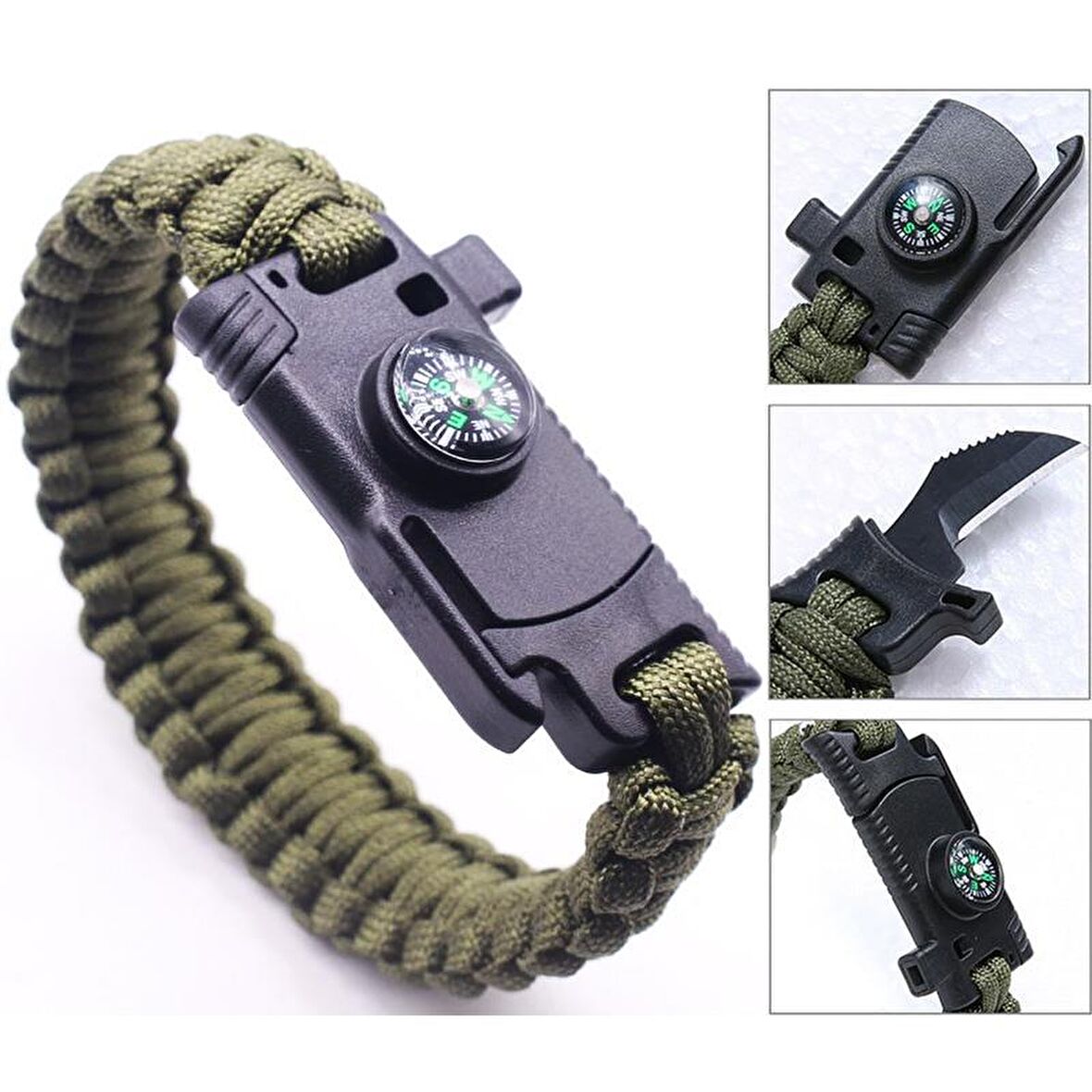 9595 Pusulalı & Bıçaklı Paracord Bileklik Haki