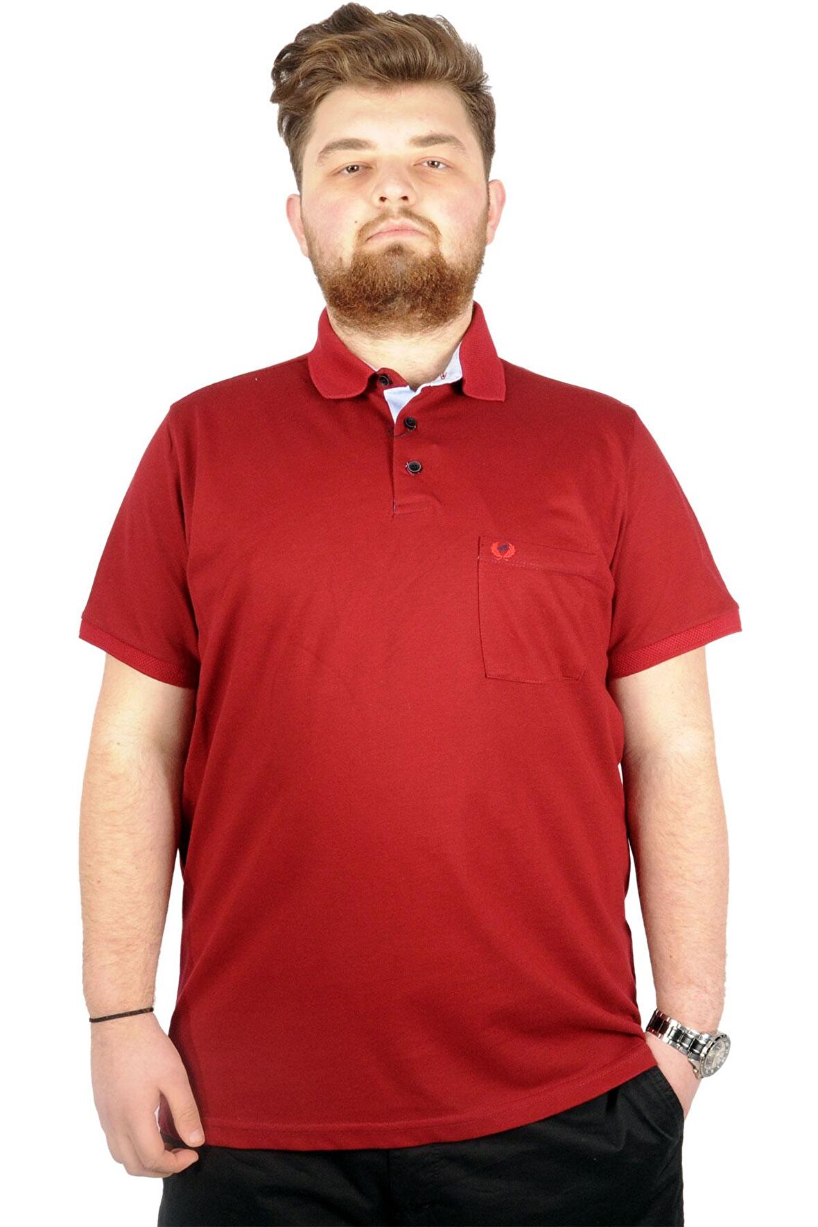 Mode XL Battal Beden Erkek Tshirt Polo Yaka Cepli Klasik Pike 20552 Bordo