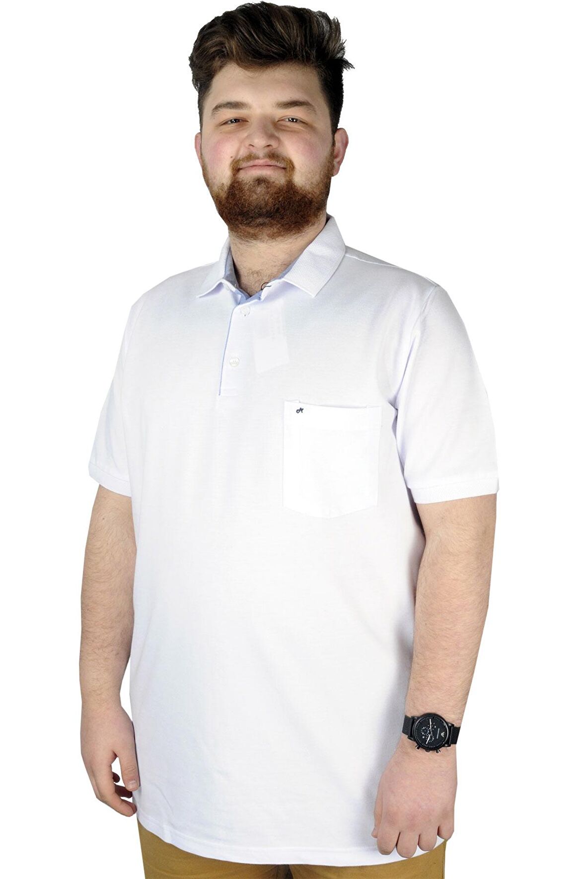 Mode XL Battal Beden Erkek Tshirt Polo Yaka Cepli Klasik Pike 20552 Beyaz