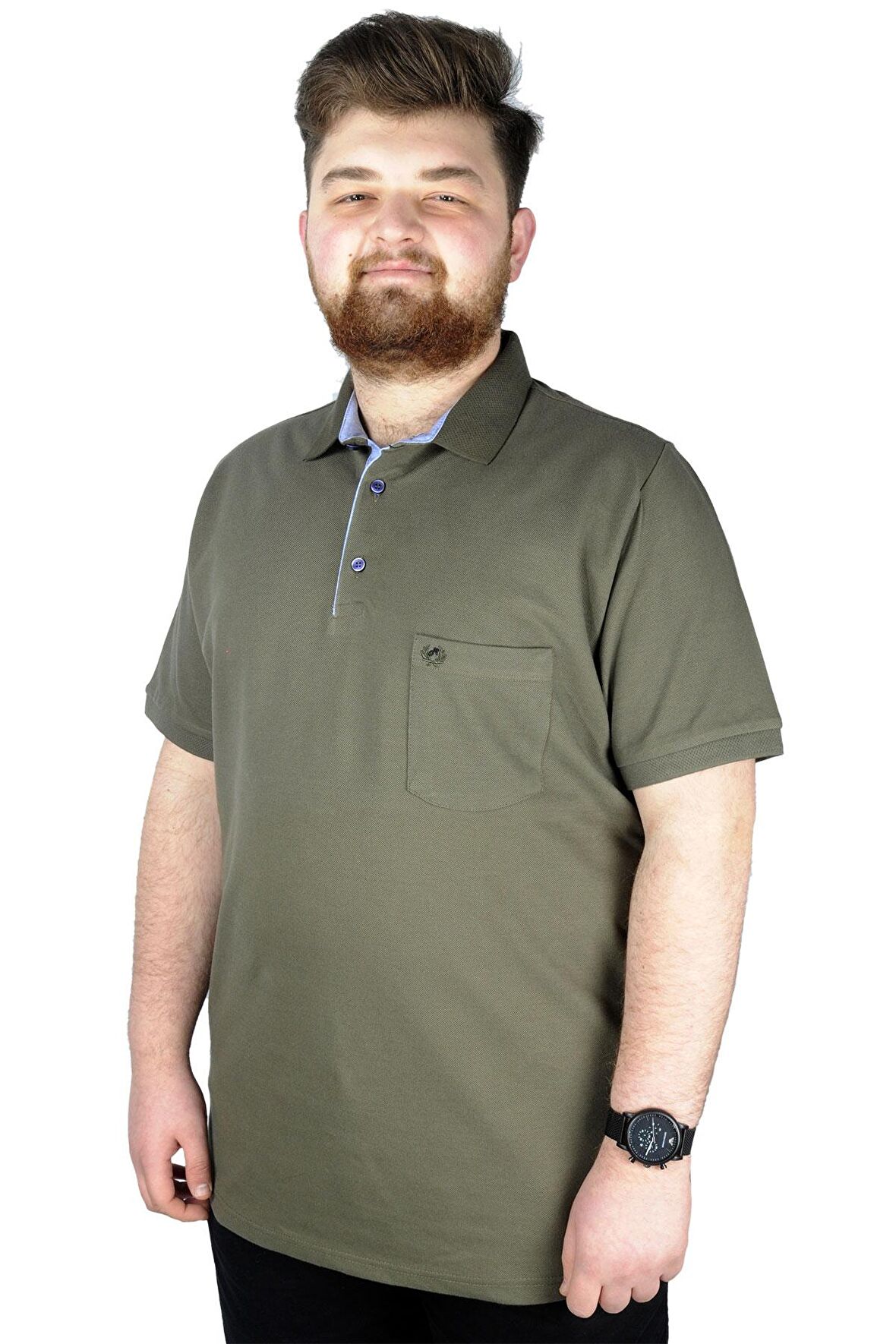Mode XL Battal Beden Erkek Tshirt Polo Yaka Cepli Klasik Pike 20552 Haki