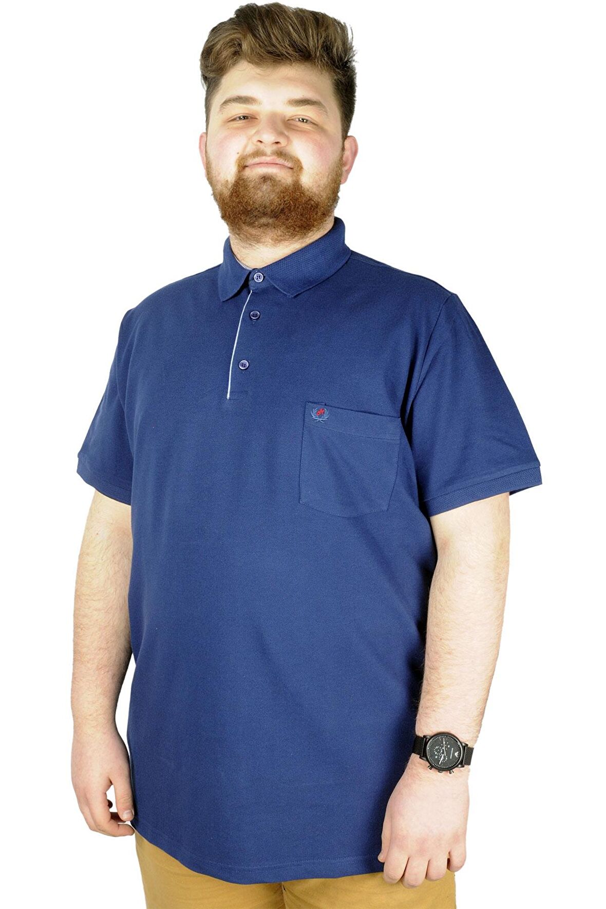 Mode XL Battal Beden Erkek Tshirt Polo Yaka Cepli Klasik Pike 20552 İndigo