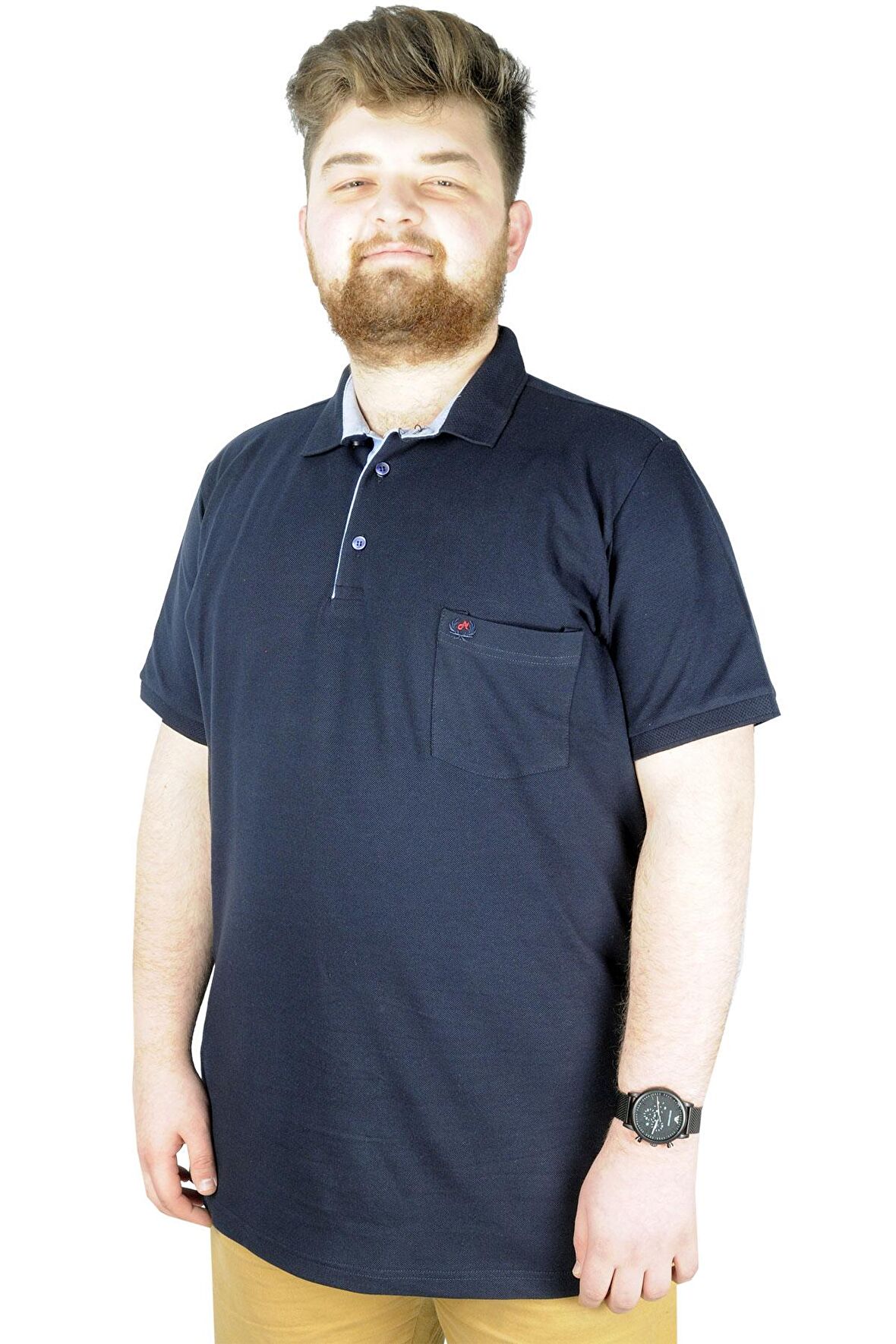 Mode XL Battal Beden Erkek Tshirt Polo Yaka Cepli Klasik Pike 20552 Lacivert