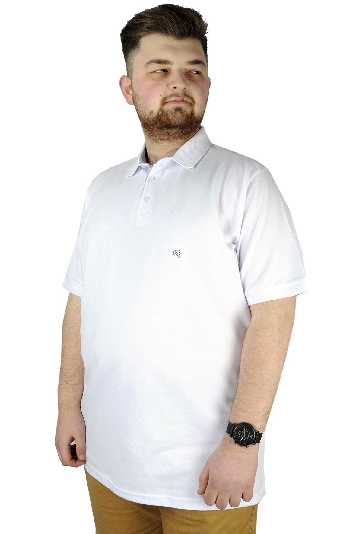 Mode XL Battal Beden Erkek Tshirt Polo Yaka Nakışlı Klasik Pike 20553 Beyaz