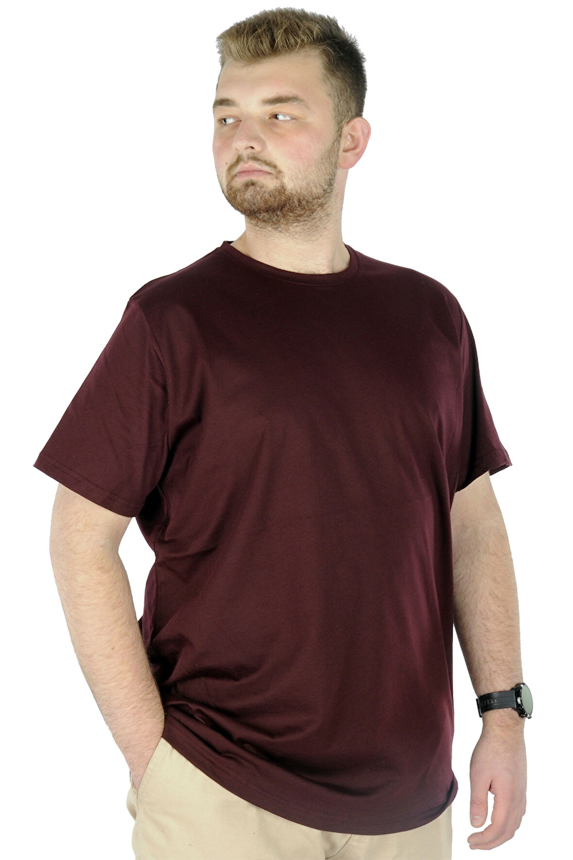 Mode XL Büyük Beden Erkek Tshirt Bisiklet Yaka Basic 20031 Bordo