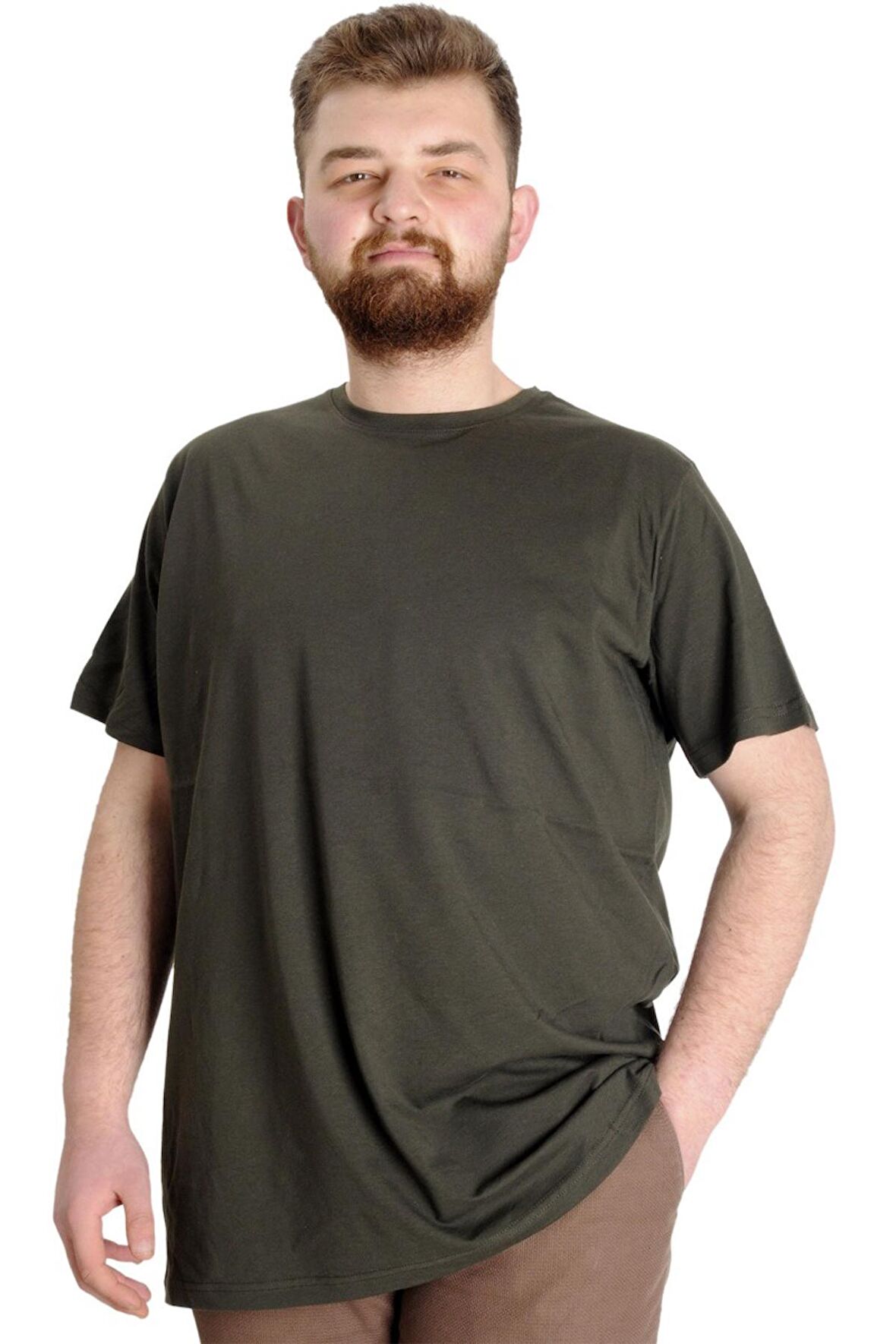 Mode XL Büyük Beden Erkek Tshirt Bisiklet Yaka Basic 20031 Haki