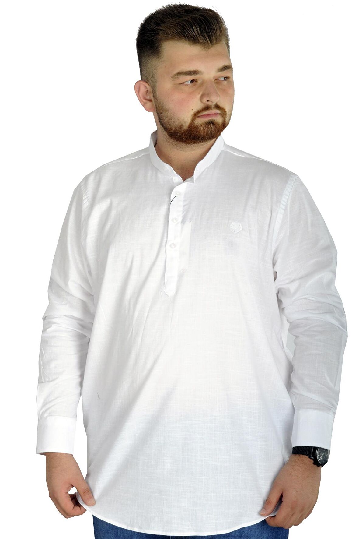 Mode XL Büyük Beden Erkek Keten Likralı UKol Hakim Yaka Gömlek 20388 Beyaz