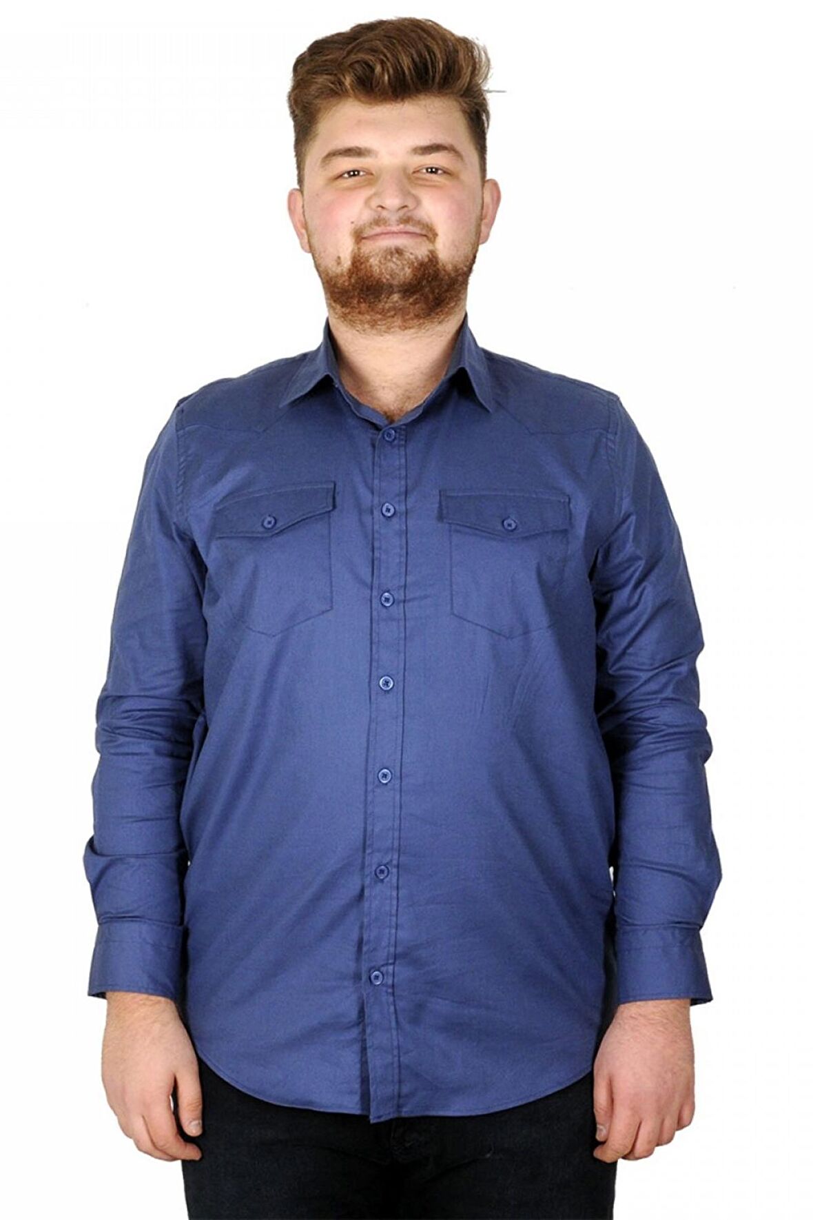 Mode XL Erkek Gömlek UKol Gabardin Çift Cep 20360 İndigo