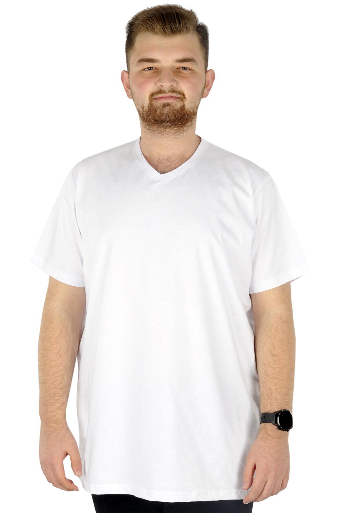 Mode XL Büyük Beden Erkek Tshirt V Yaka Basic 20032 Beyaz