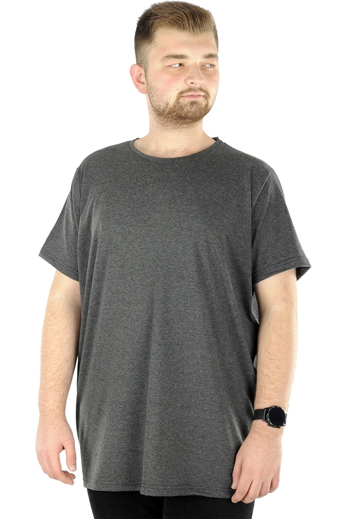 Mode XL Büyük Beden Likralı T-shirt Bisiklet Yaka 20149 Antramelanj