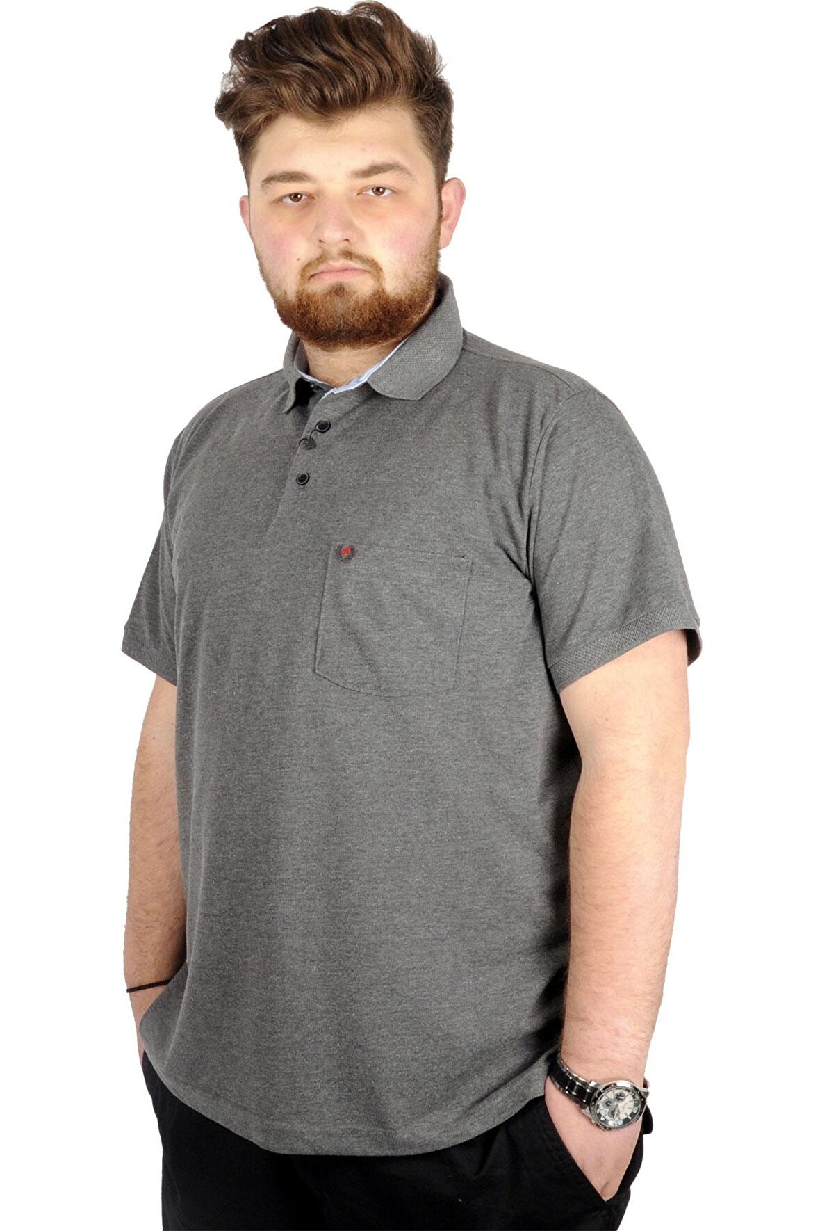 Mode XL Battal Beden Erkek Tshirt Polo Yaka Cepli Klasik Pike 20552 Antramelanj