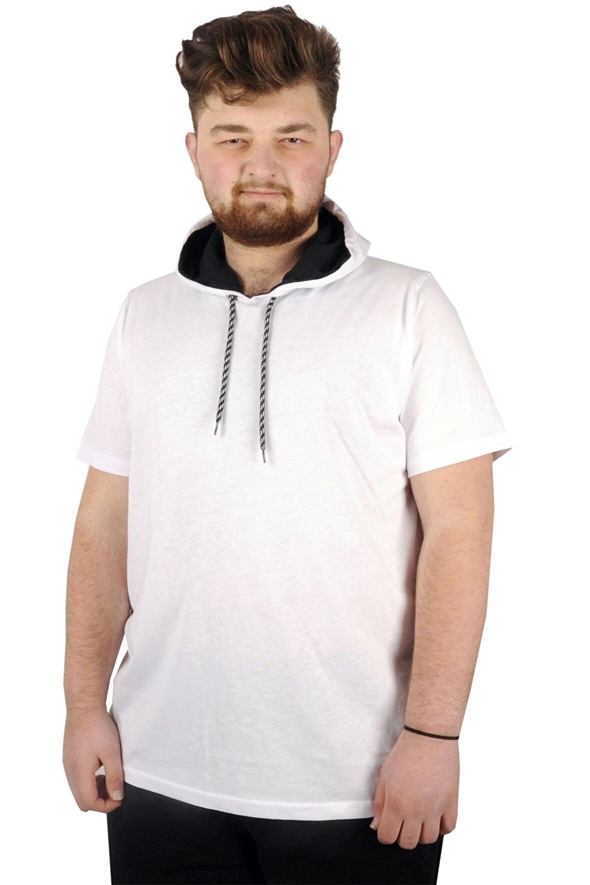 Mode XL Büyük Beden Oversize Tshirt Bisiklet Yaka Kapşon Basic 21115 Beyaz