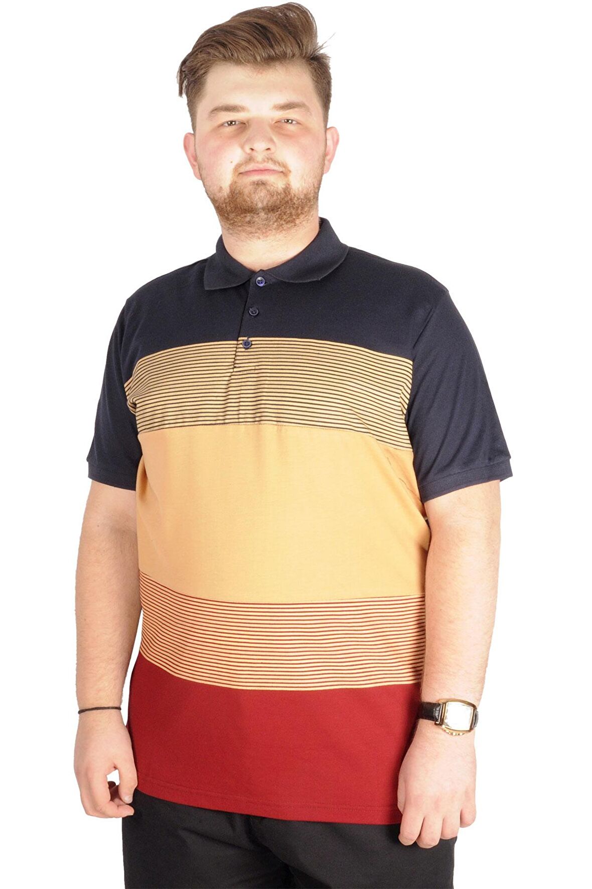 Mode XL Büyük Beden T-shirt Polo Striped 21327 Lacivert