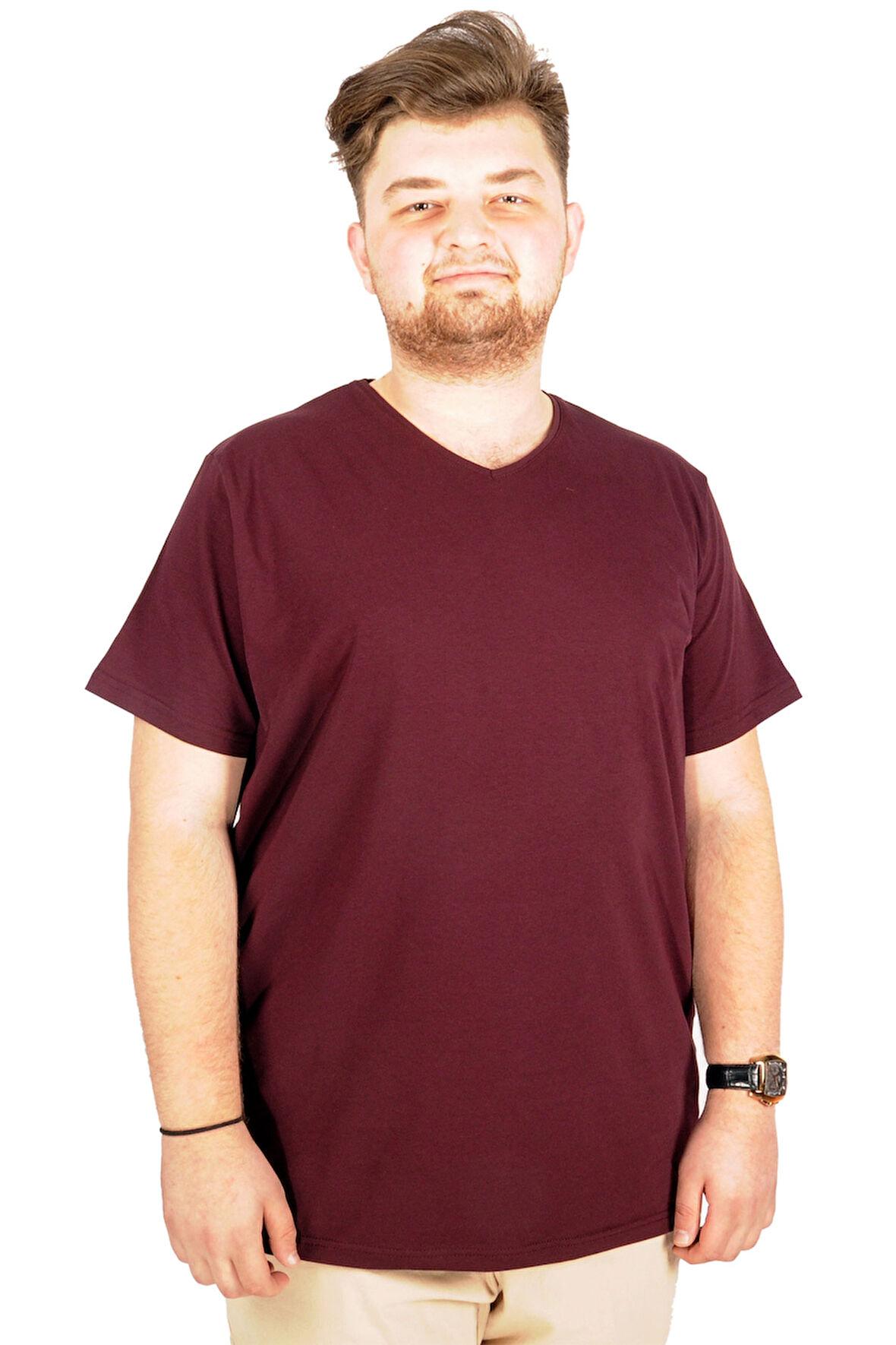 Mode XL Büyük Beden T-Shirt V Yaka Likralı 20150 Mürdüm