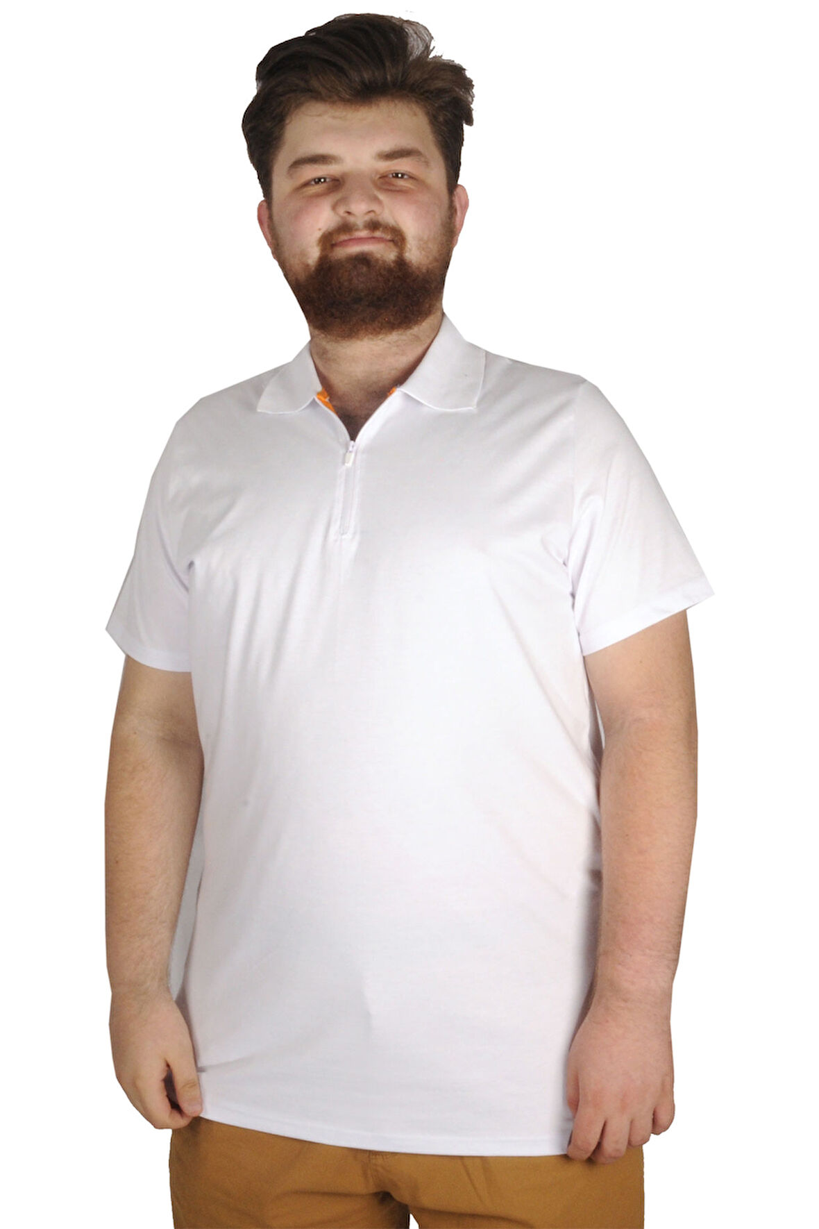 Mode XL Büyük Beden Erkek T-Shirt Fermuarlı Polo Yaka 21029 Beyaz