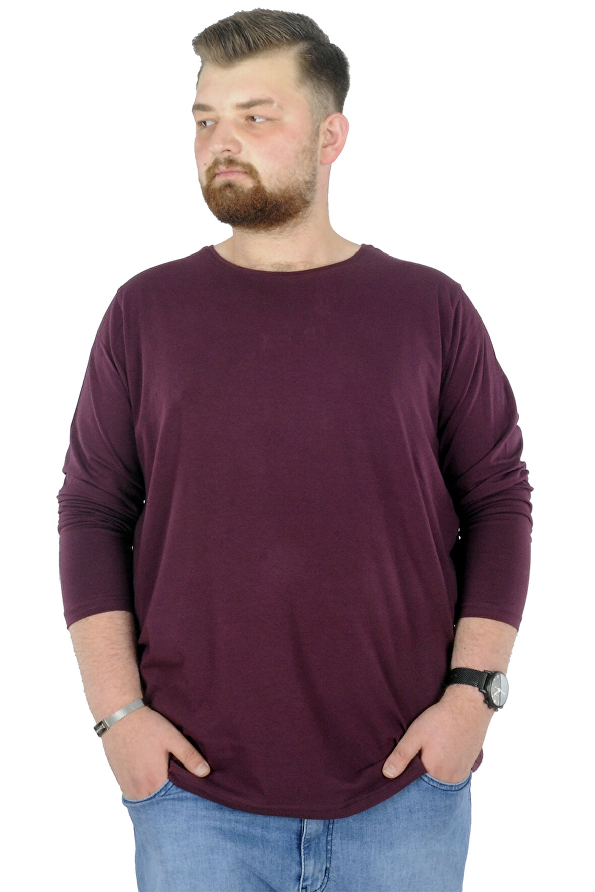 Mode XL Büyük Beden Erkek Tshirt Likralı Bisiklet Yaka 20102 Mürdüm