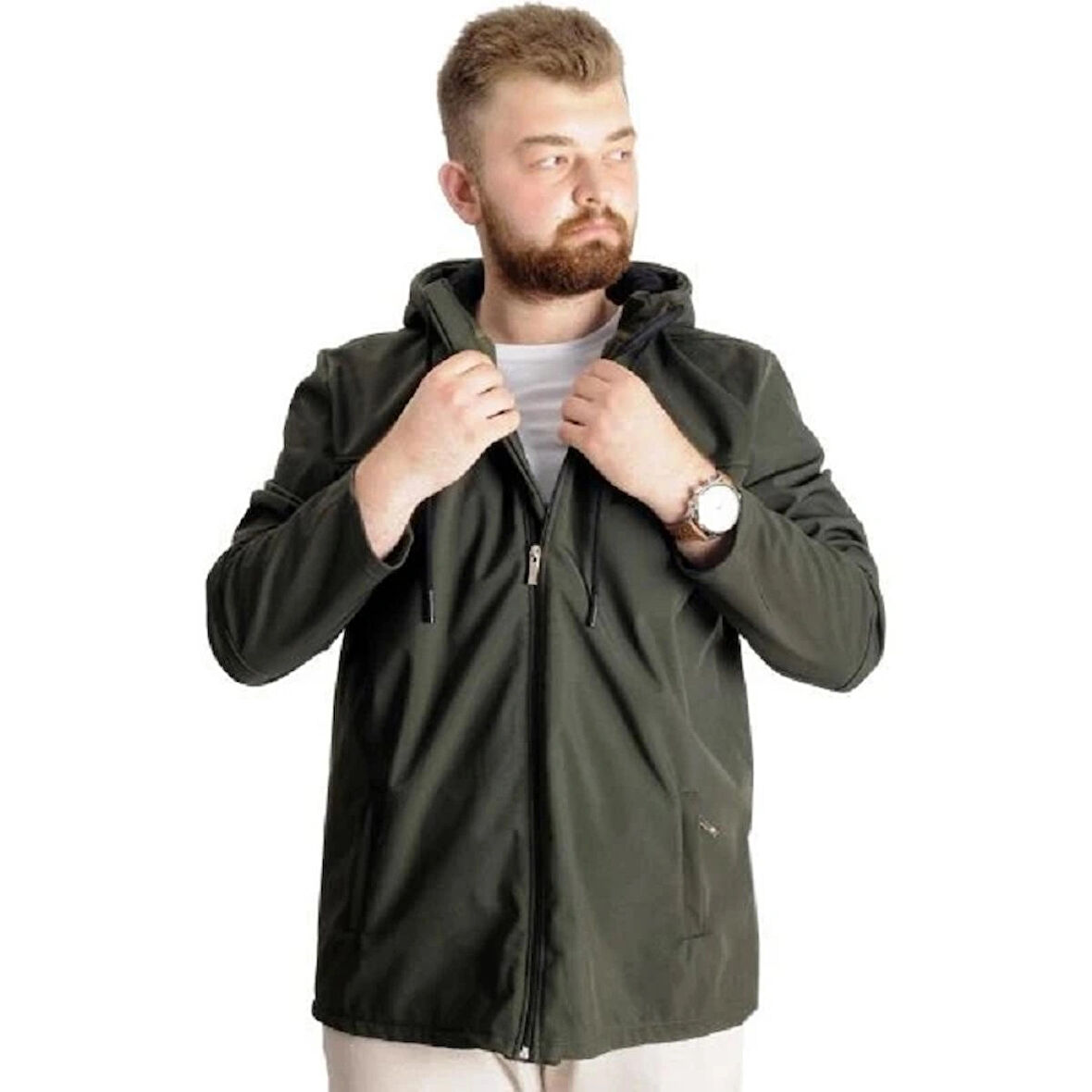 Mode Xl Büyük Beden Erkek Kapüşonlu Mont Waterproof Softshell 21235 Haki