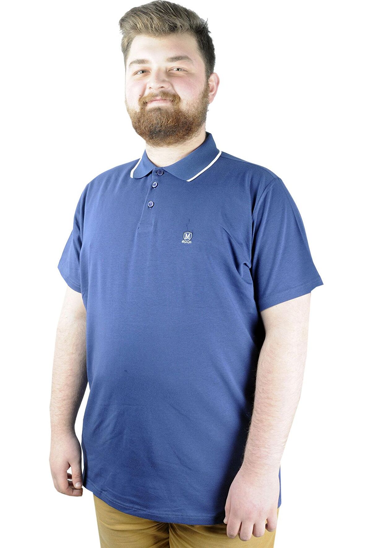 Mode XL Büyük Beden T shirt Polo Likralı Süprem Nakış 21554 Indigo