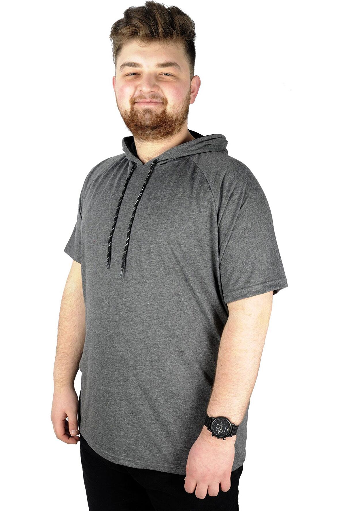 Mode XL Büyük Beden Tshirt Reglan Kapşonlu 22117 Antramelanj