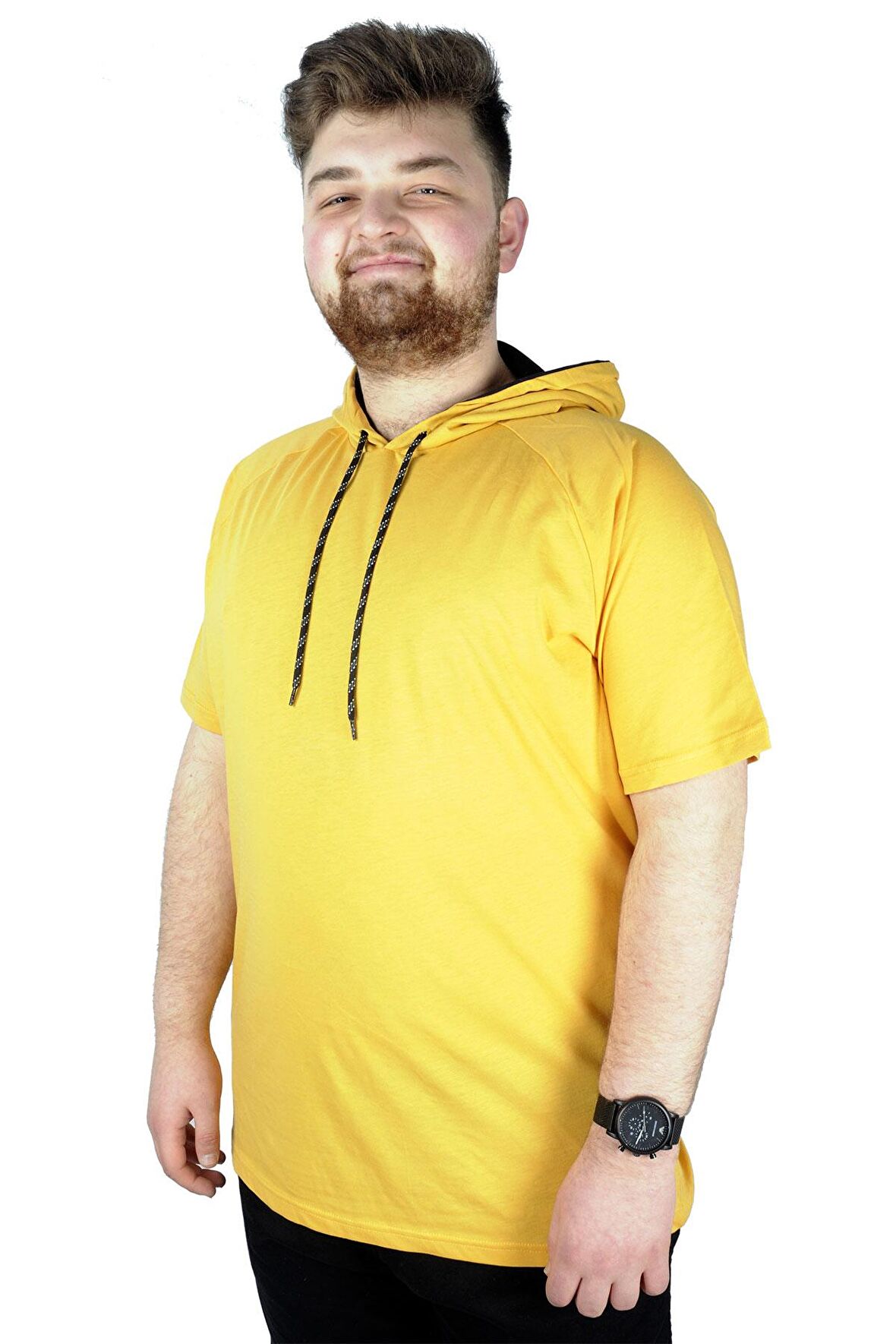 Mode XL Büyük Beden Tshirt Reglan Kapşonlu 22117 Hardal