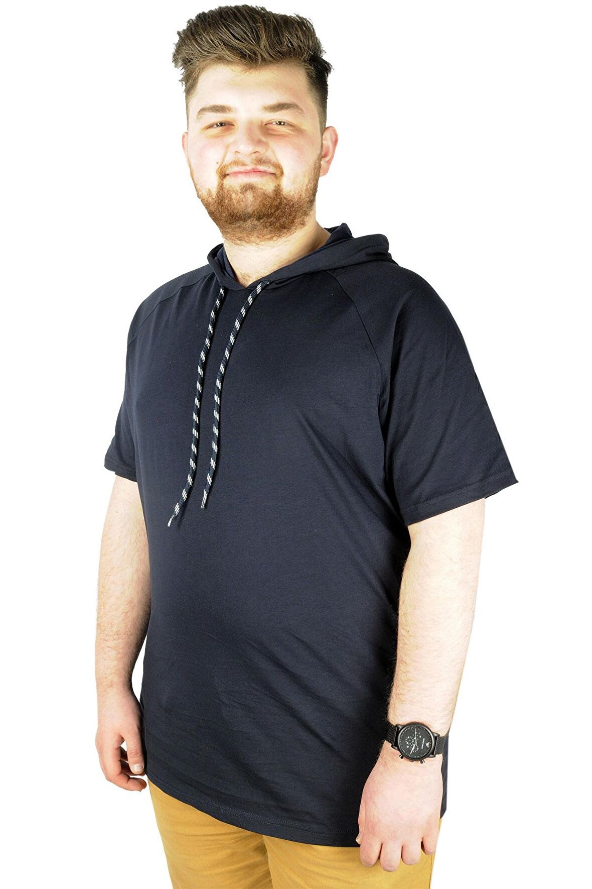 Mode XL Büyük Beden Tshirt Reglan Kapşonlu 22117 Lacivert